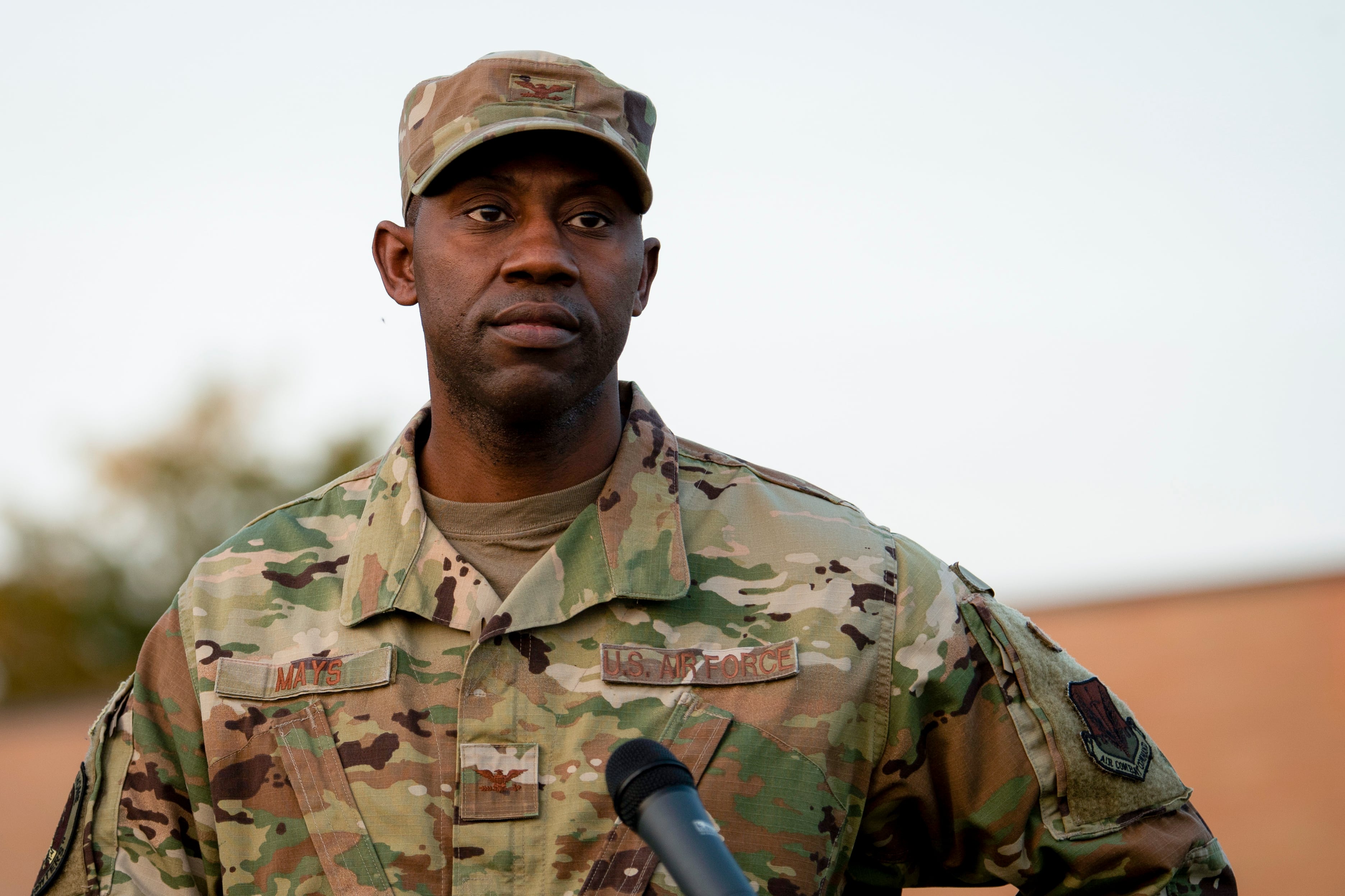 Col. Jamaal Mays, 366th Fighter Wing commander for support, speaks to Airmen, September 30, 2020 at Mountain Home Air Force Base, Idaho.