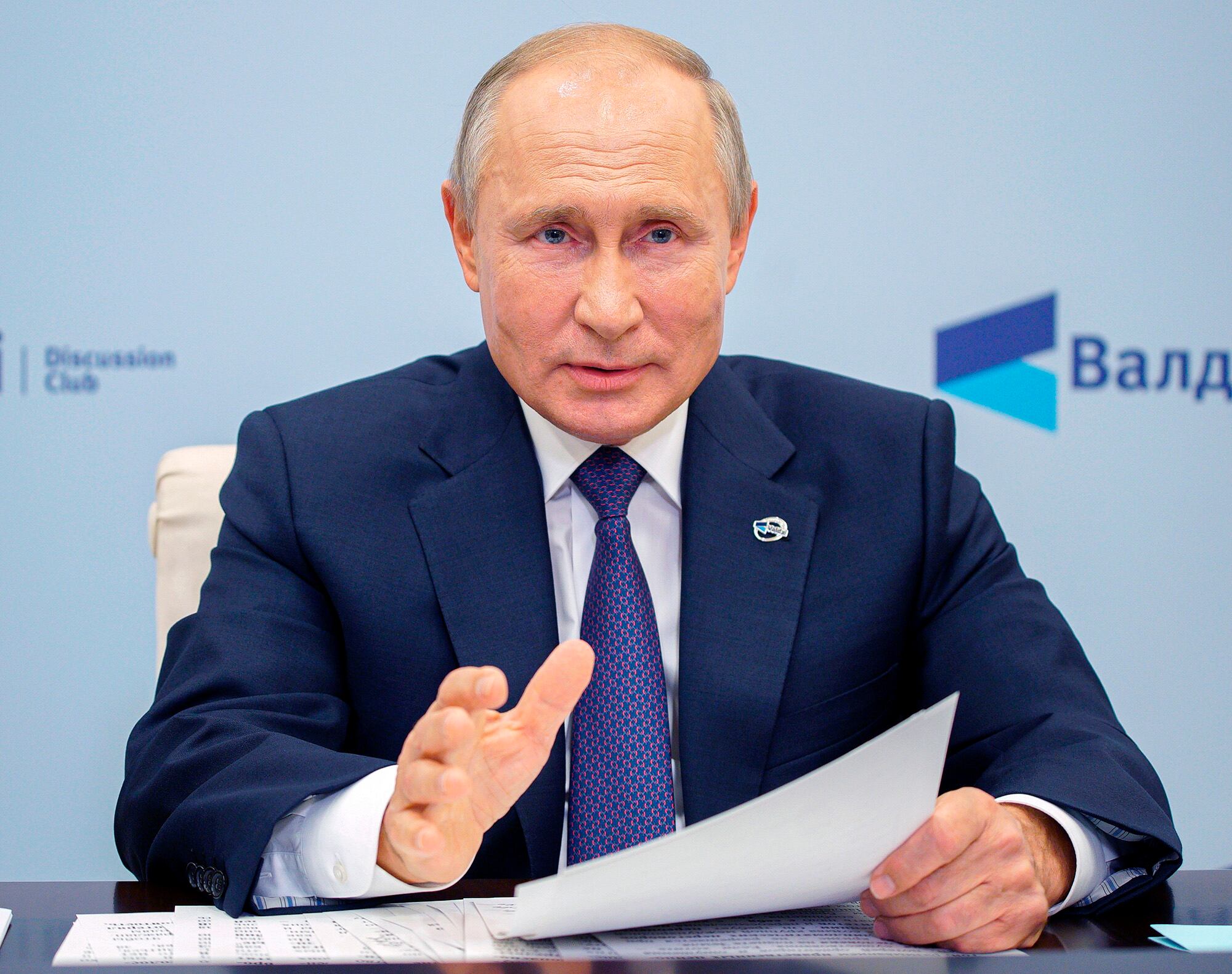 Russian President Vladimir Putin speaks as he participates in the annual meeting of the Valdai Discussion Club via video conference at the Novo-Ogaryovo residence outside Moscow on Oct. 22, 2020.