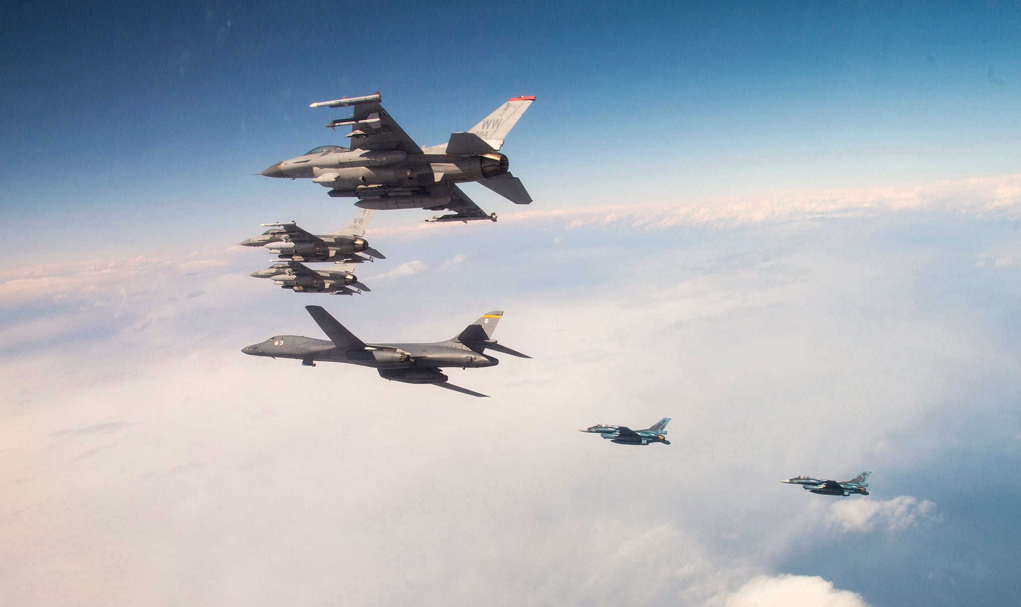 B-1B, F-16, F-2 aircraft train over northern Japan