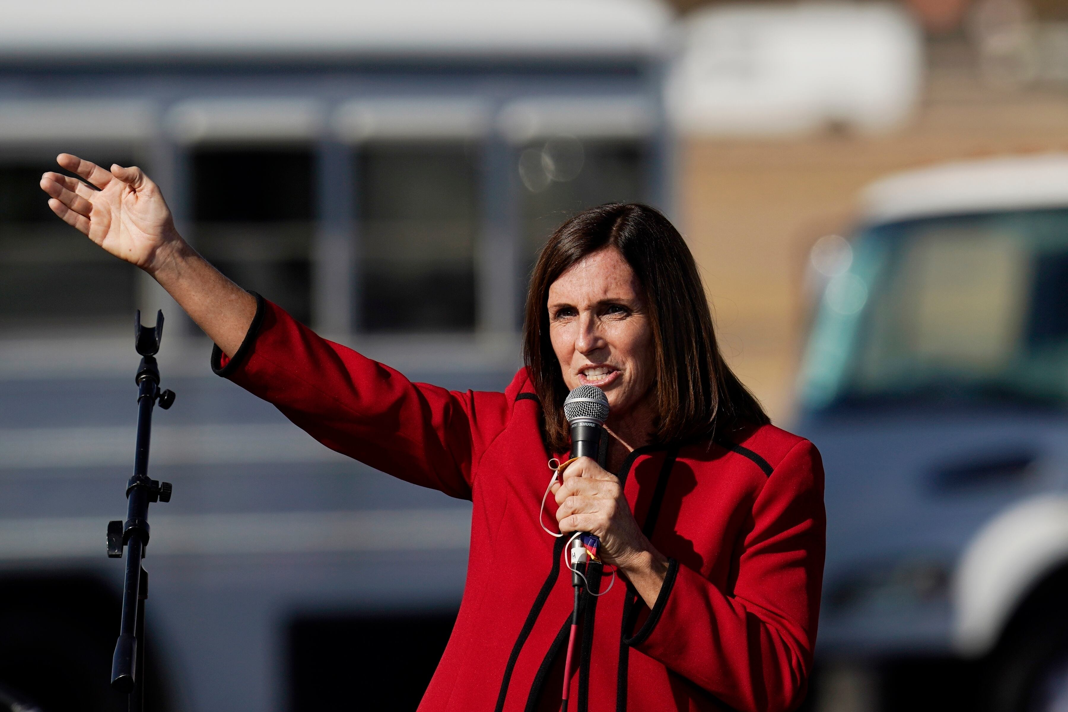 Then-Sen. Martha McSally, R-Ariz., speaks during a rally at Tucson International Airport, Oct. 30, 2020, in Tucson, Ariz.