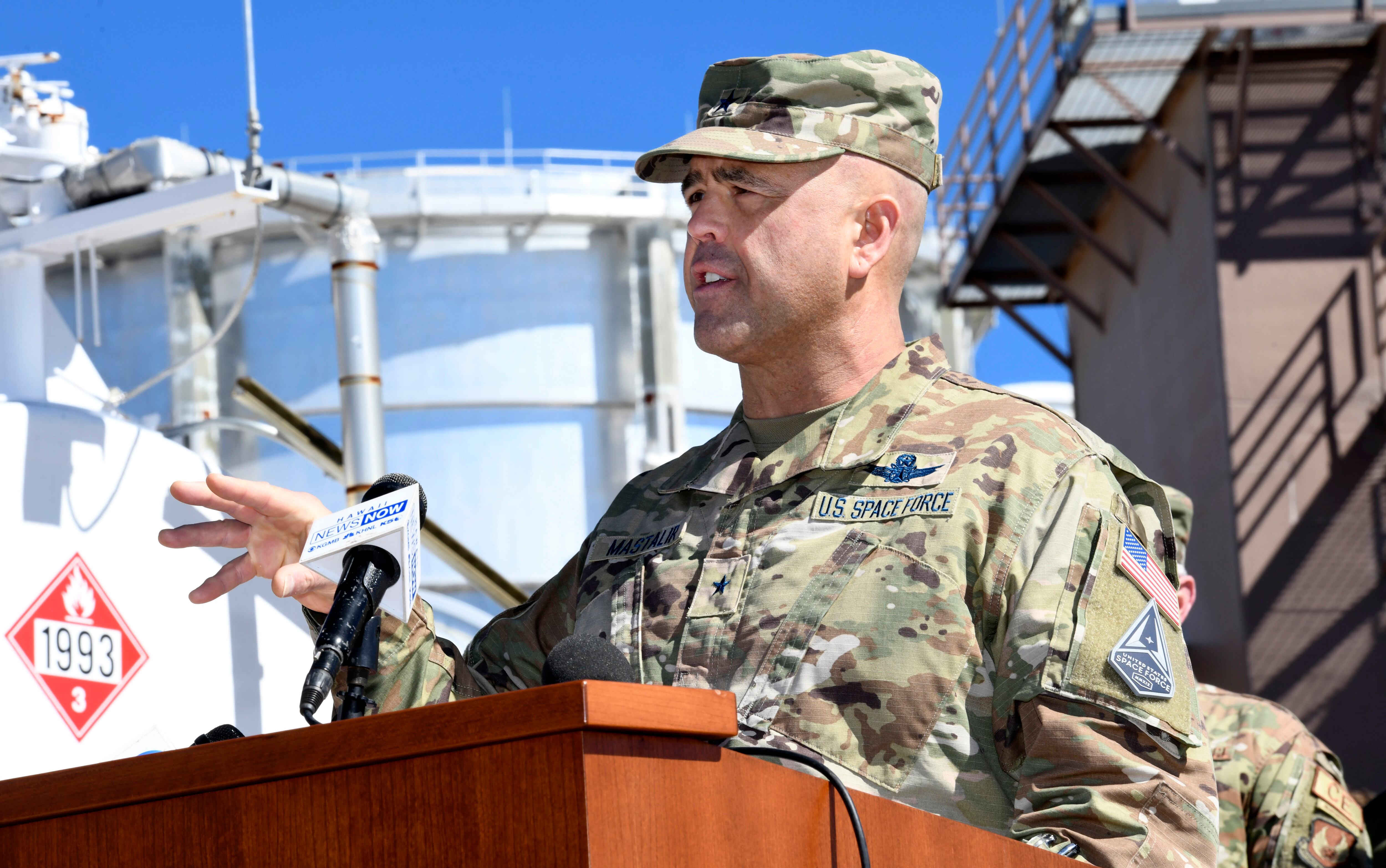 Brig. Gen. Anthony Mastalir, commander of the U.S. Space Forces Indo-Pacific, addresses the media at Haleakala High Altitude Observatory, Hawaii on Monday, Feb. 6, 2023, near the site where hundreds of gallons of diesel fuel spilled last week.