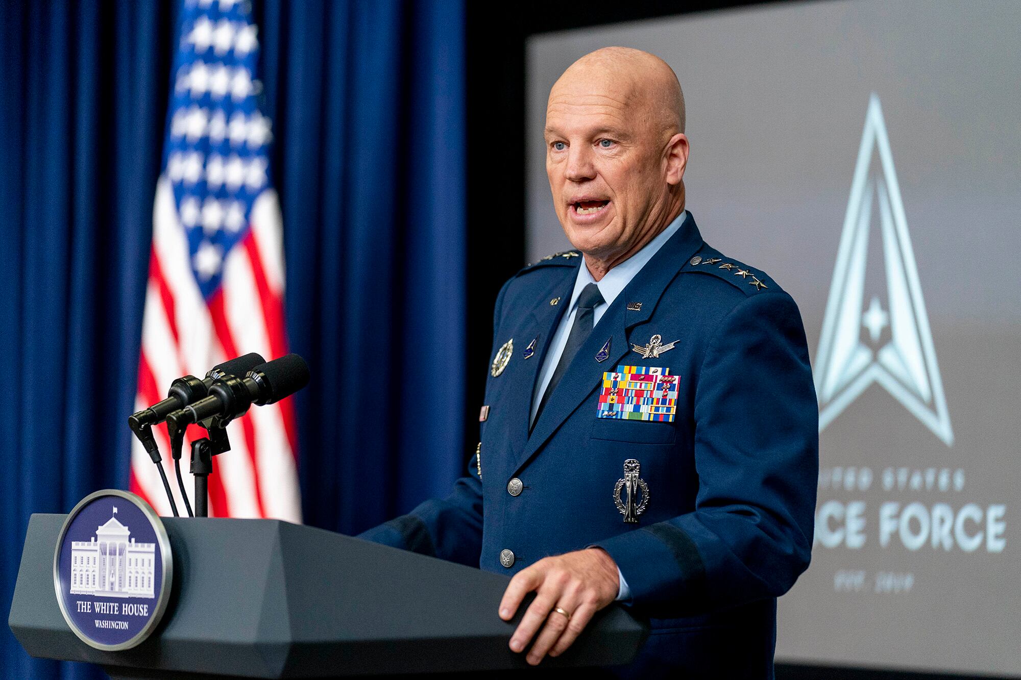 Chief of Space Operations at U.S. Space Force Gen. John Raymond speaks at a ceremony to commemorate the first birthday of the U.S. Space Force at the Eisenhower Executive Office Building on the White House complex​ on Dec. 18, 2020, in Washington.