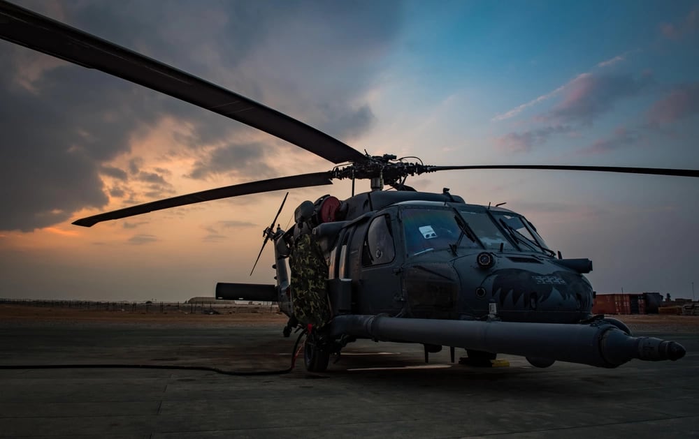 An HH-60 Pave Hawk sits on the flightline at Al Asad Air Base, Iraq, Feb. 13, 2017. (Master Sgt. Benjamin Wilson/Air Force)