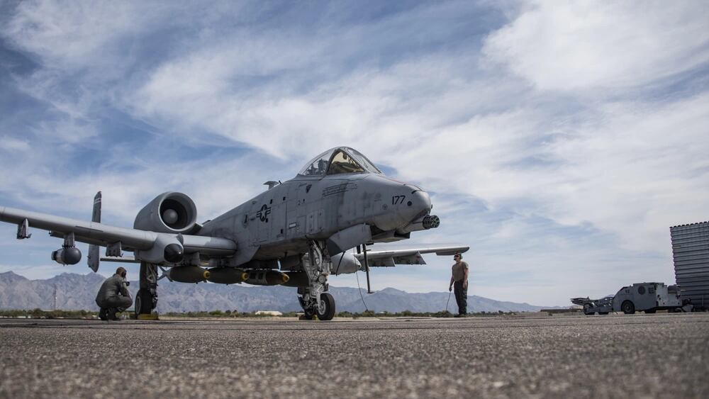 A U.S. Air Force A-10 Thunderbolt II sits on the flight line at Davis-Monthan Air Force Base, Arizona, April 15, 2021. (Senior Airman Jacob Stephens/Air Force)