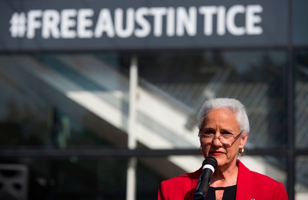 Debra Tice speaks about her son Austin Tice during the unveiling of a new banner calling for his release at the Newseum in Washington, DC on November 2, 2016.