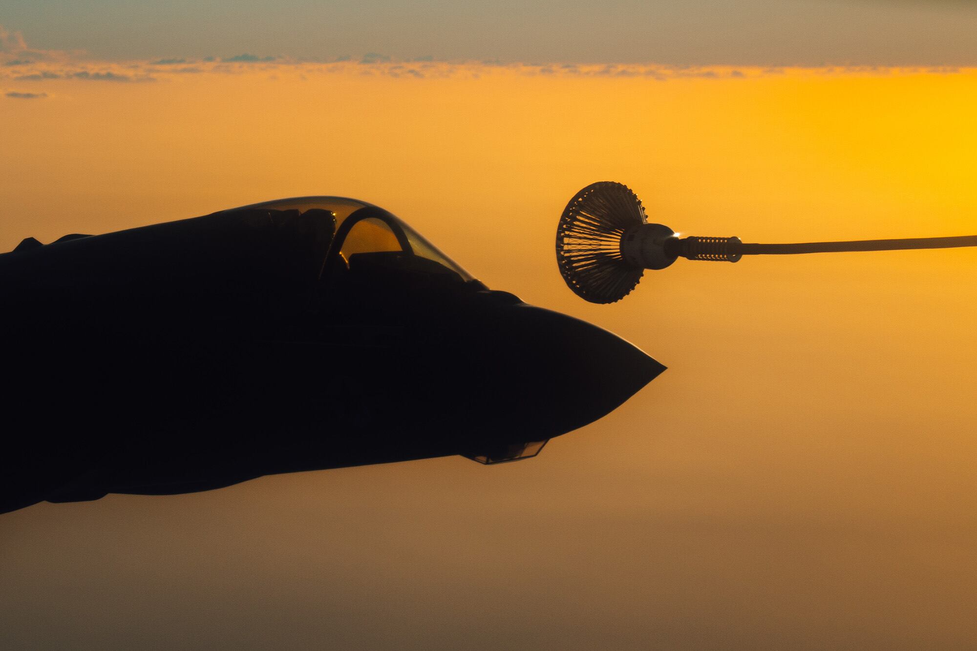 A U.S. Marine Corps F-35B Lightning II approaches a U.S. Air Force KC-135 Stratotanker for an in-air refueling mission supporting Operation Octave Quartz with armed over-watch in Africa, Jan. 1, 2020.