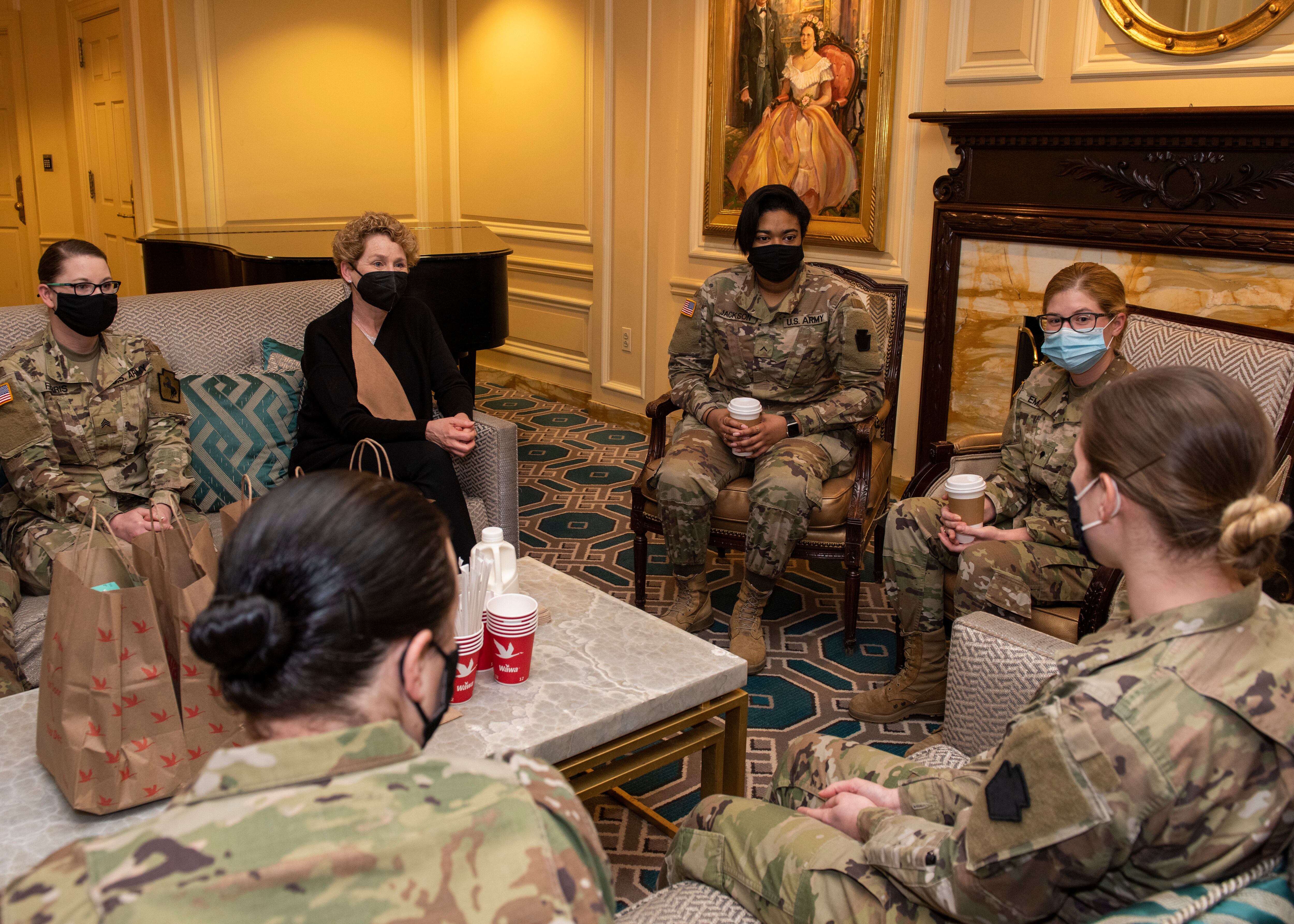 Rep. Chrissy Houlahan, D-Pa., visits with female Pennsylvania National Guard members to discuss inclusion and leadership for women in the military in Washington, D.C., March 2, 2021.