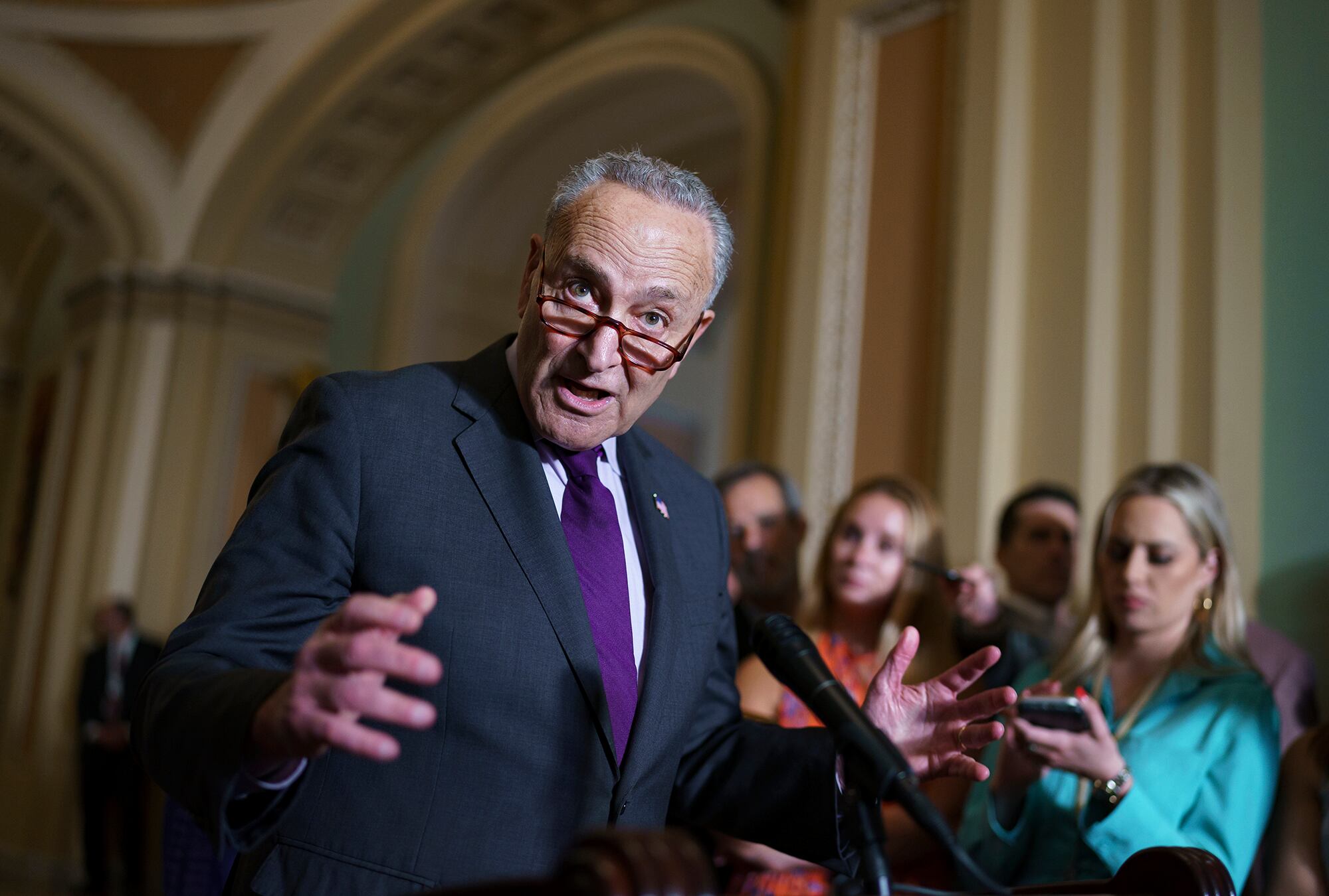 Chuck Schumer speaks to reporters at the Capitol in Washington.