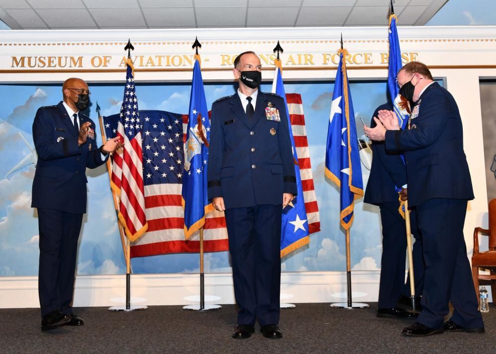 Lt. Gen. John Healy, the new Air Force Reserve commander, receives applause after taking command of Air Force Reserve Command during a ceremony at Robins Air Force Base, Georgia, Aug. 3, 2022. Healy previously served as the Deputy to the Chief of the Air Force Reserve, Headquarters U.S. Air Force. (Master Sgt. Louis Vega Jr./Air Force)