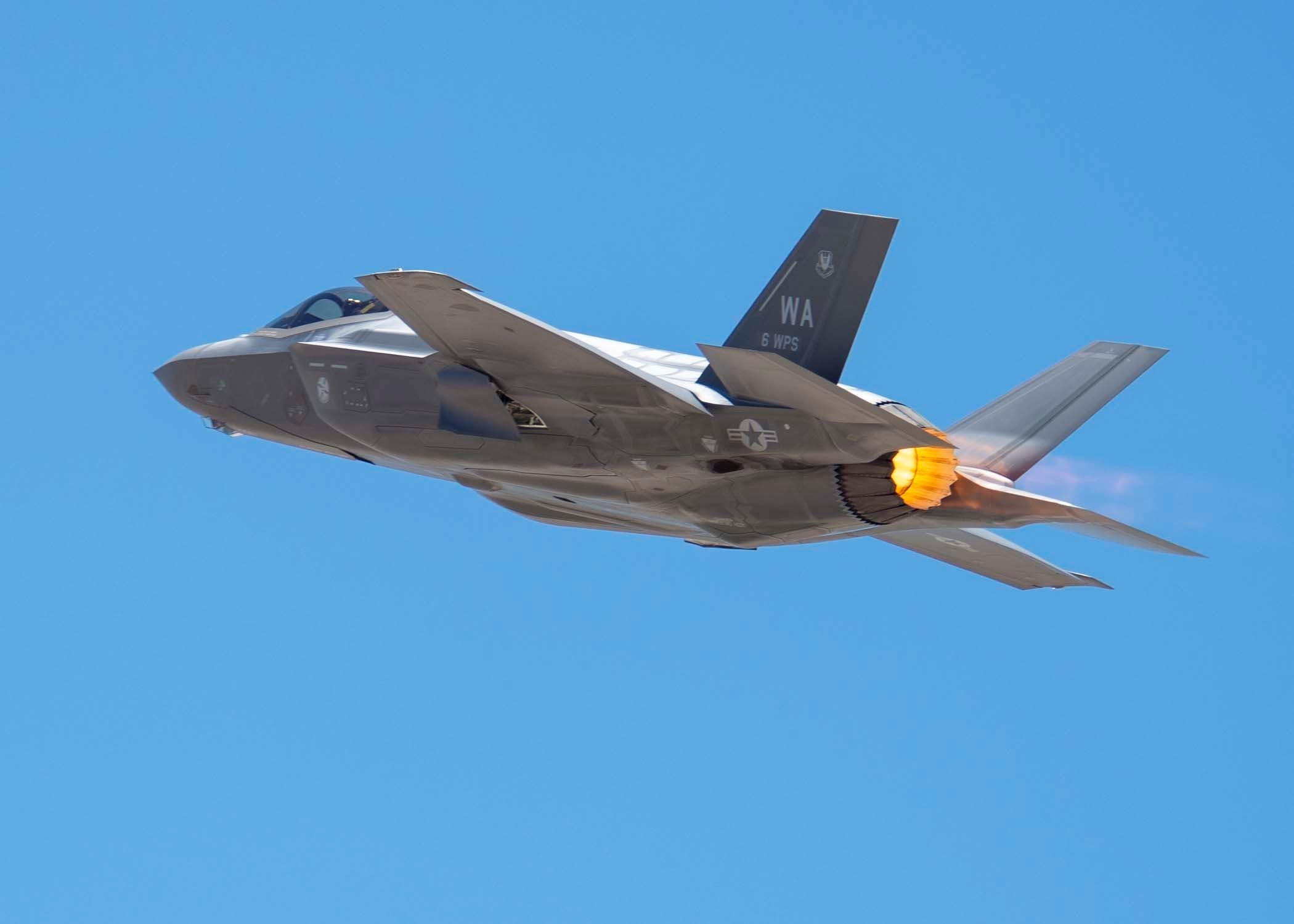 An F-35A Lightning II fighter jet takes off from Nellis Air Force Base, Nev., July 18, 2019.