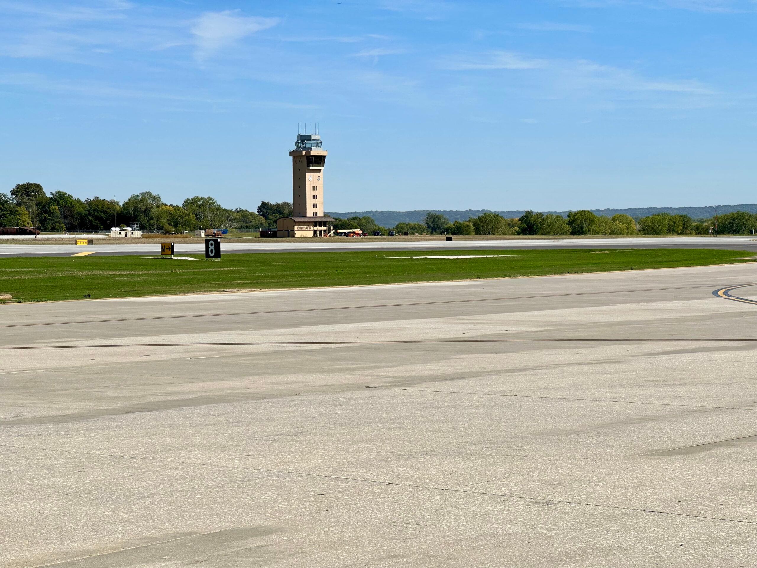 The new runway at Offutt Air Force Base and a repaired air traffic control tower on Sept. 30, 2022.