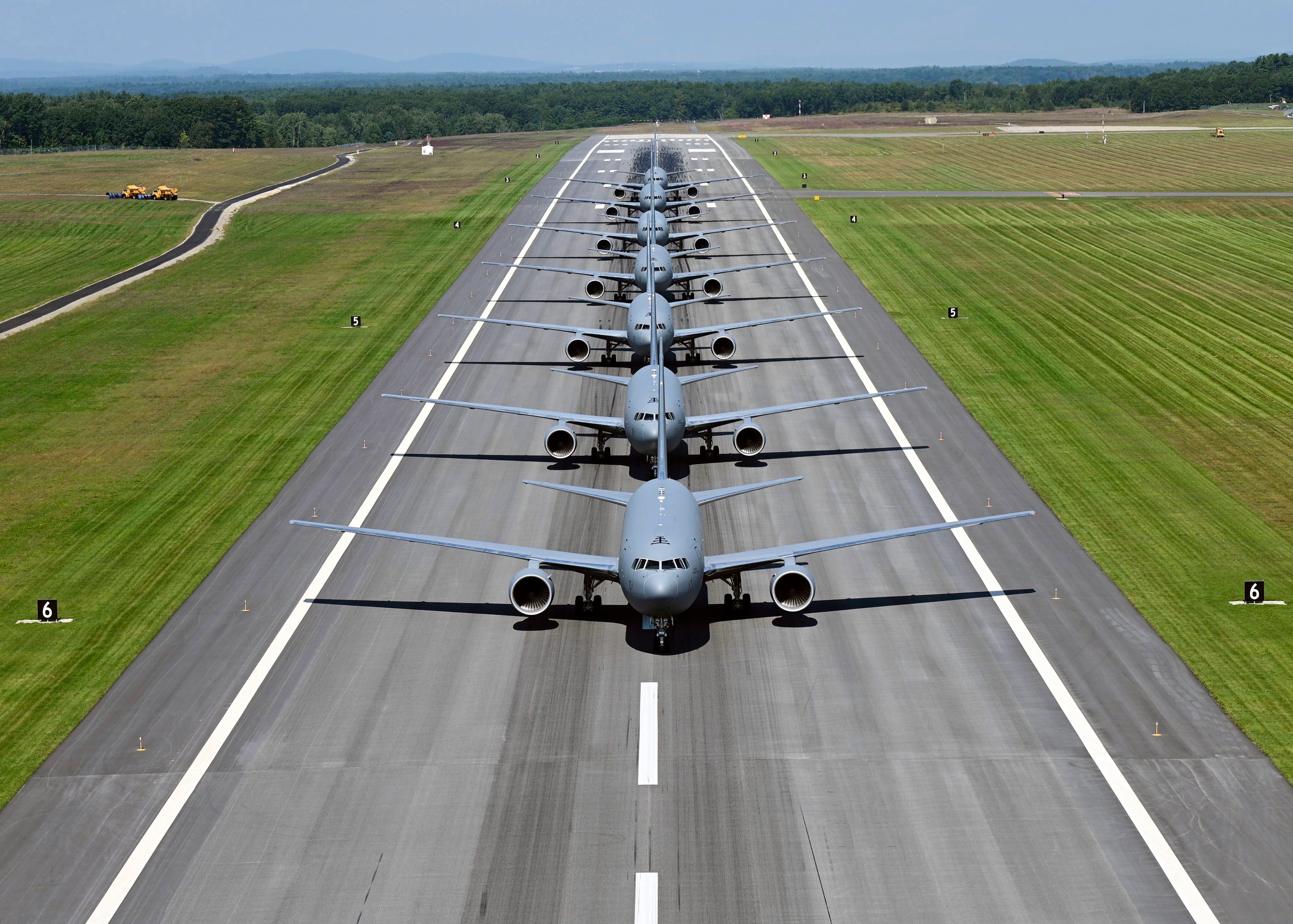 The 157th Air Refueling Wing held the Air National Guard's first KC-46A Pegasus "elephant walk" on Sept. 8, 2021 at Pease Air National Guard Base, New Hampshire. The aircraft taxied down the runway and into their parking spaces in preparation for an air show. (Staff Sgt. Victoria Nelson/Air Force)