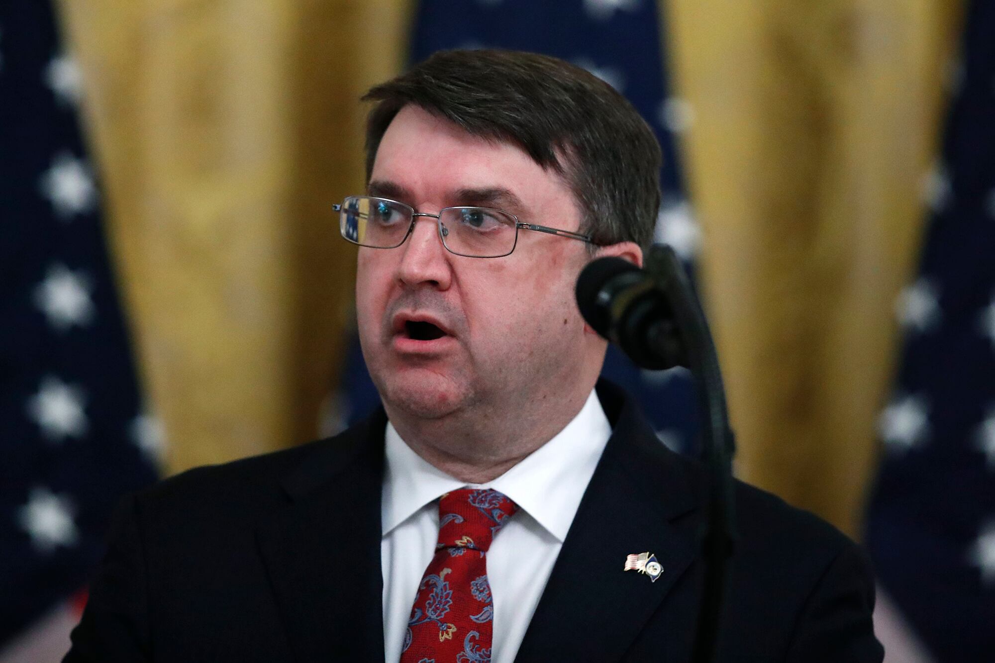 Veterans Affairs Secretary Robert Wilkie speaks about protecting seniors, in the East Room of the White House, Thursday, April 30, 2020, in Washington.