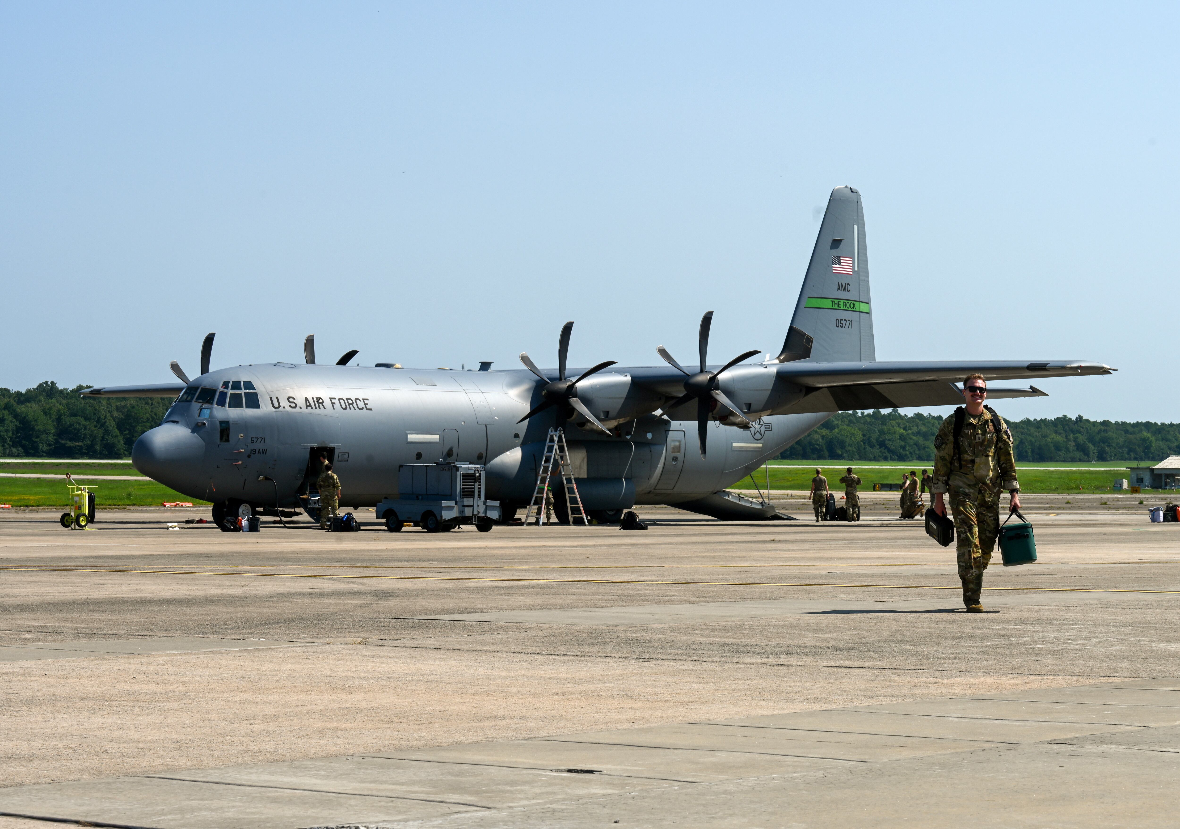 A pilot departs a C-130J Super Hercules after returning from Mobility Guardian 2023 at Little Rock Air Force Base, Arkansas, July 23, 2023.