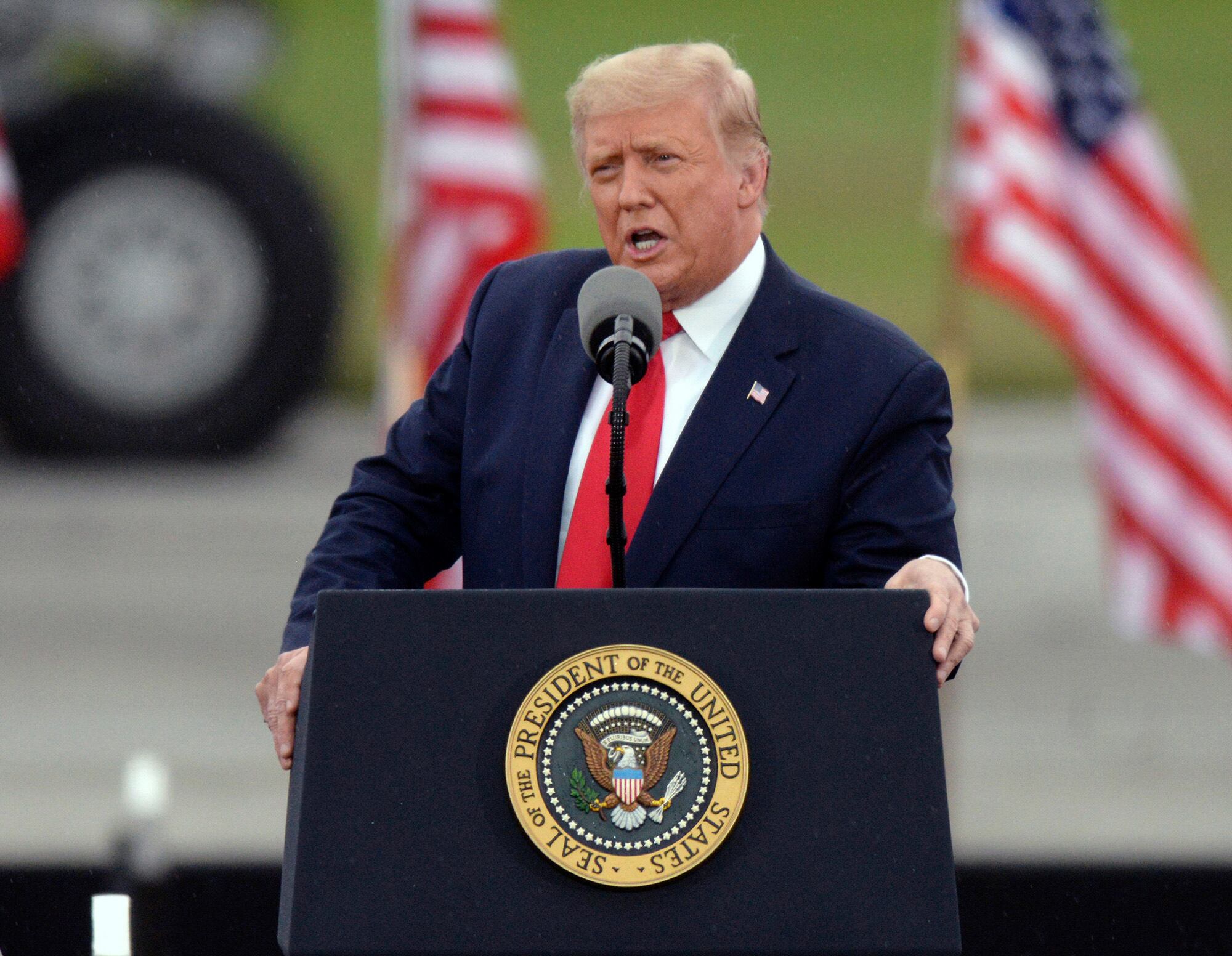 President Donald Trump speaks during a rally at MBS International Airport, Thursday, Sept. 10, 2020, in Freeland, Mich.