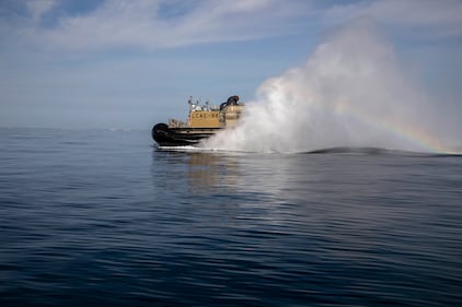 Sailors operate landing craft air cushions during recovery efforts of a high altitude balloon in the Atlantic Ocean, Feb. 8, 2023.