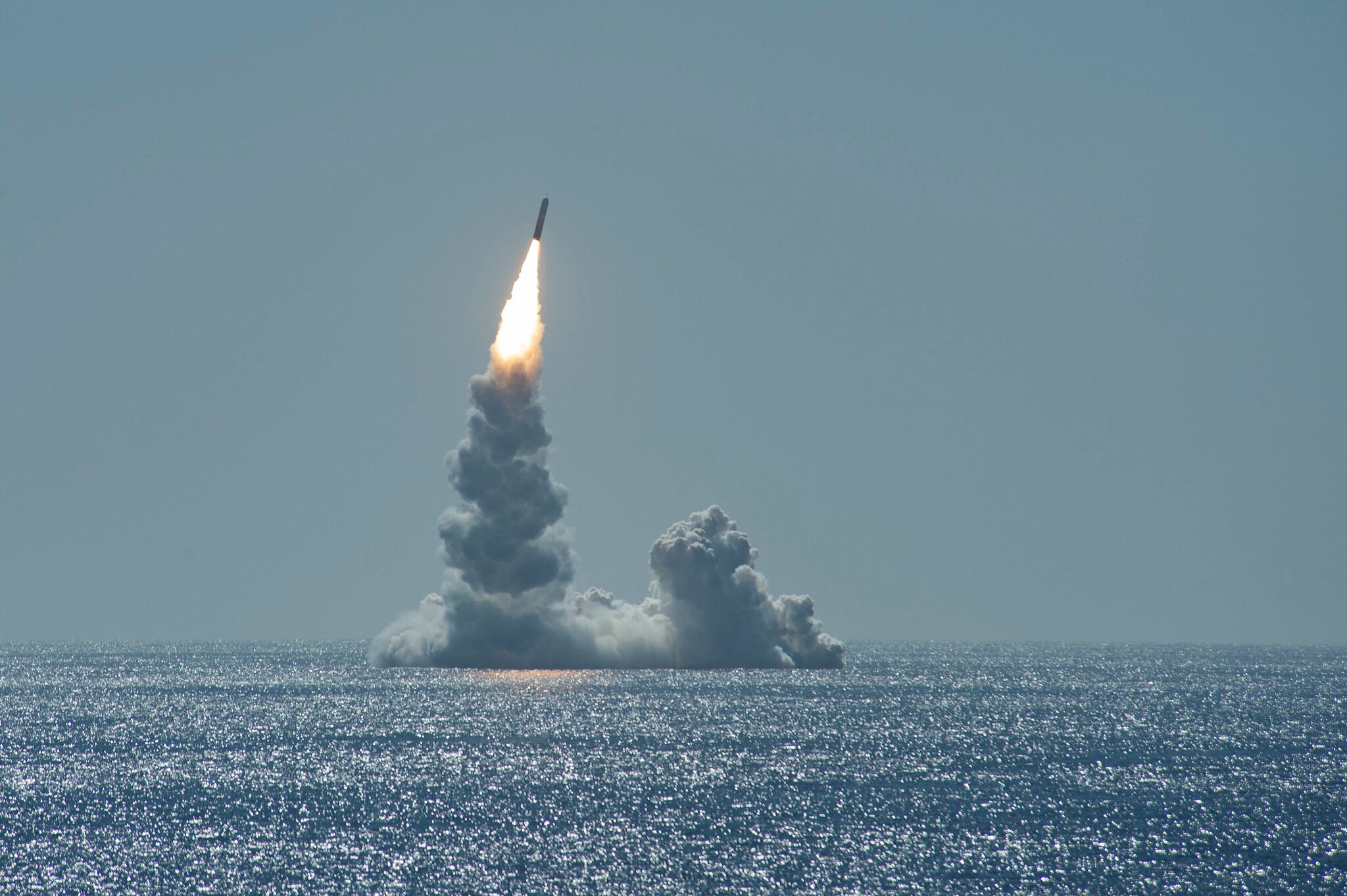 An unarmed Trident II missile launches from Ohio-class ballistic missile submarine USS Maine (SSBN 741) off the coast of San Diego on Feb. 12, 2020