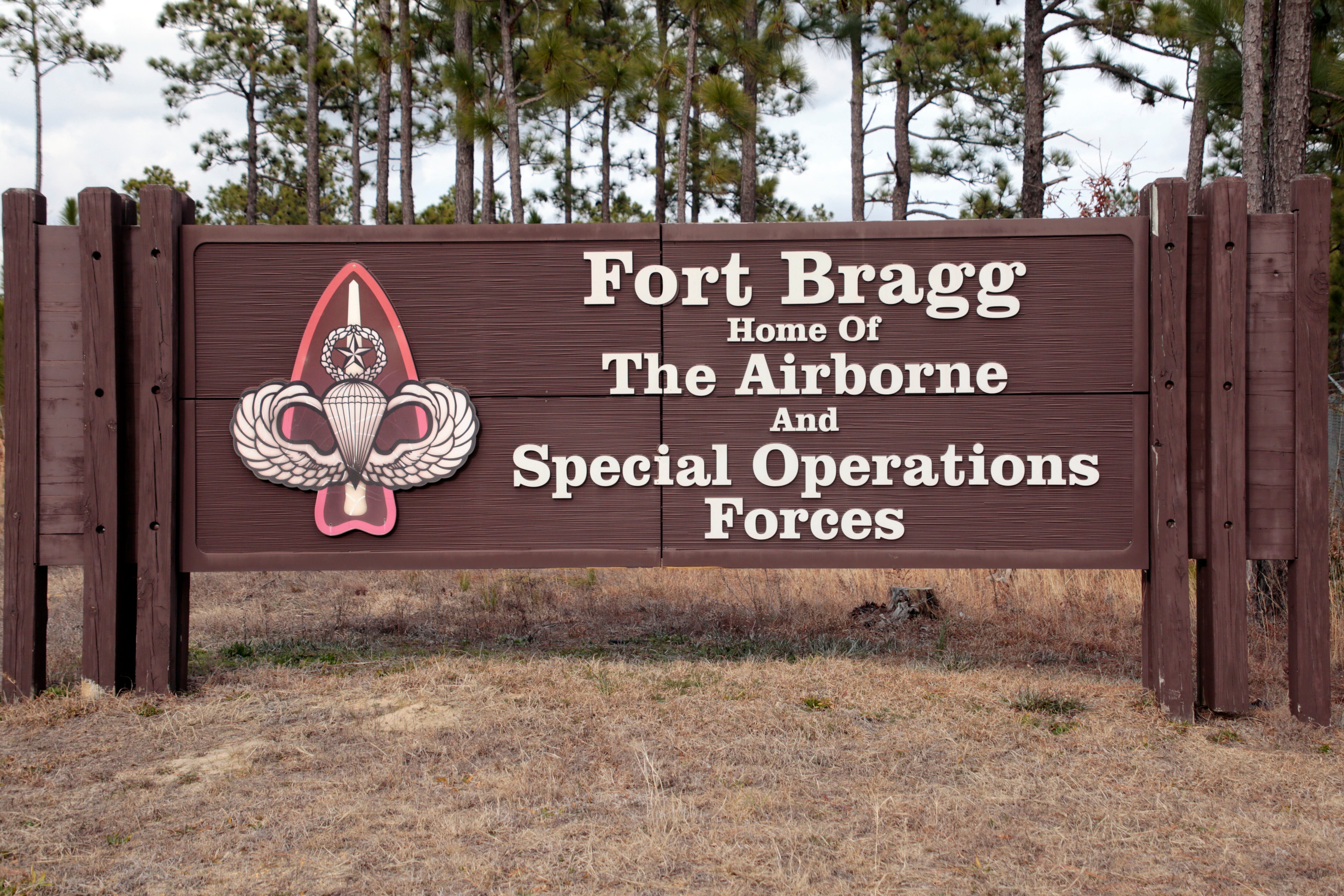 A sign is seen at Fort Bragg on Feb. 3, 2022, in Fort Bragg, N.C.