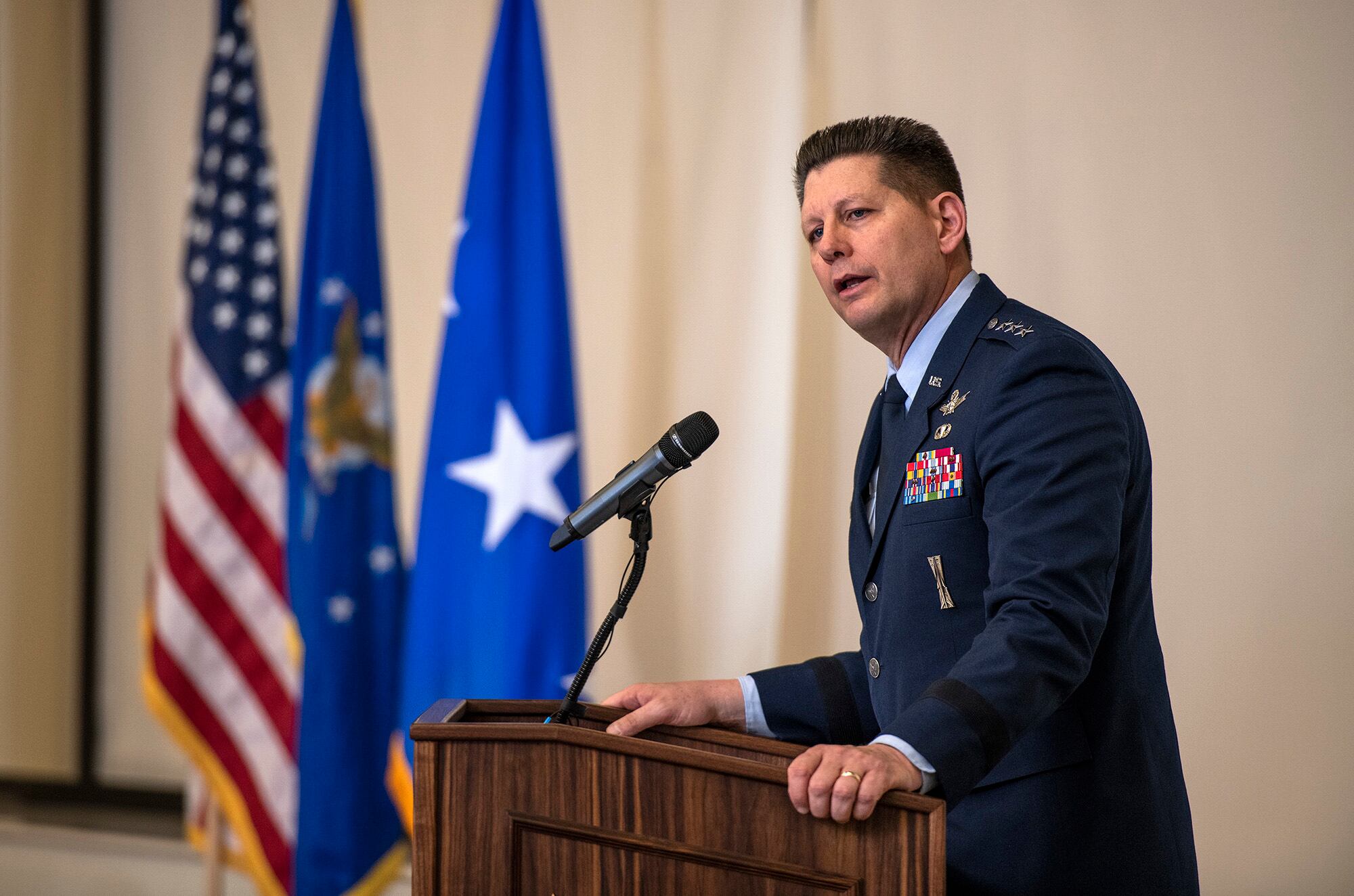 U.S. Air Force Lt. Gen. David D. Thompson, Air Force Space Command vice commander, addresses basic military training graduates during an Air Force graduation March 13, 2020, at Joint Base San Antonio-Lackland, Texas.