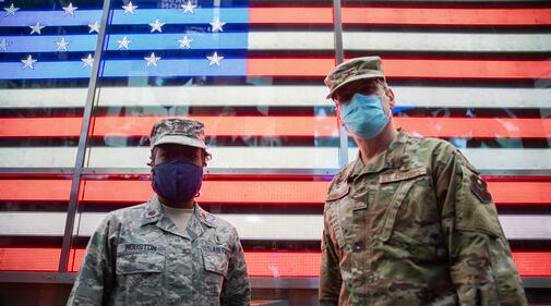 Air Force Maj. Tynikka Houston and Air Force Col. Edward Ronnebaum, both assigned to New York Health Hospitals Jacobi, are deployed to New York City in support of the Department of Defense COVID-19 response