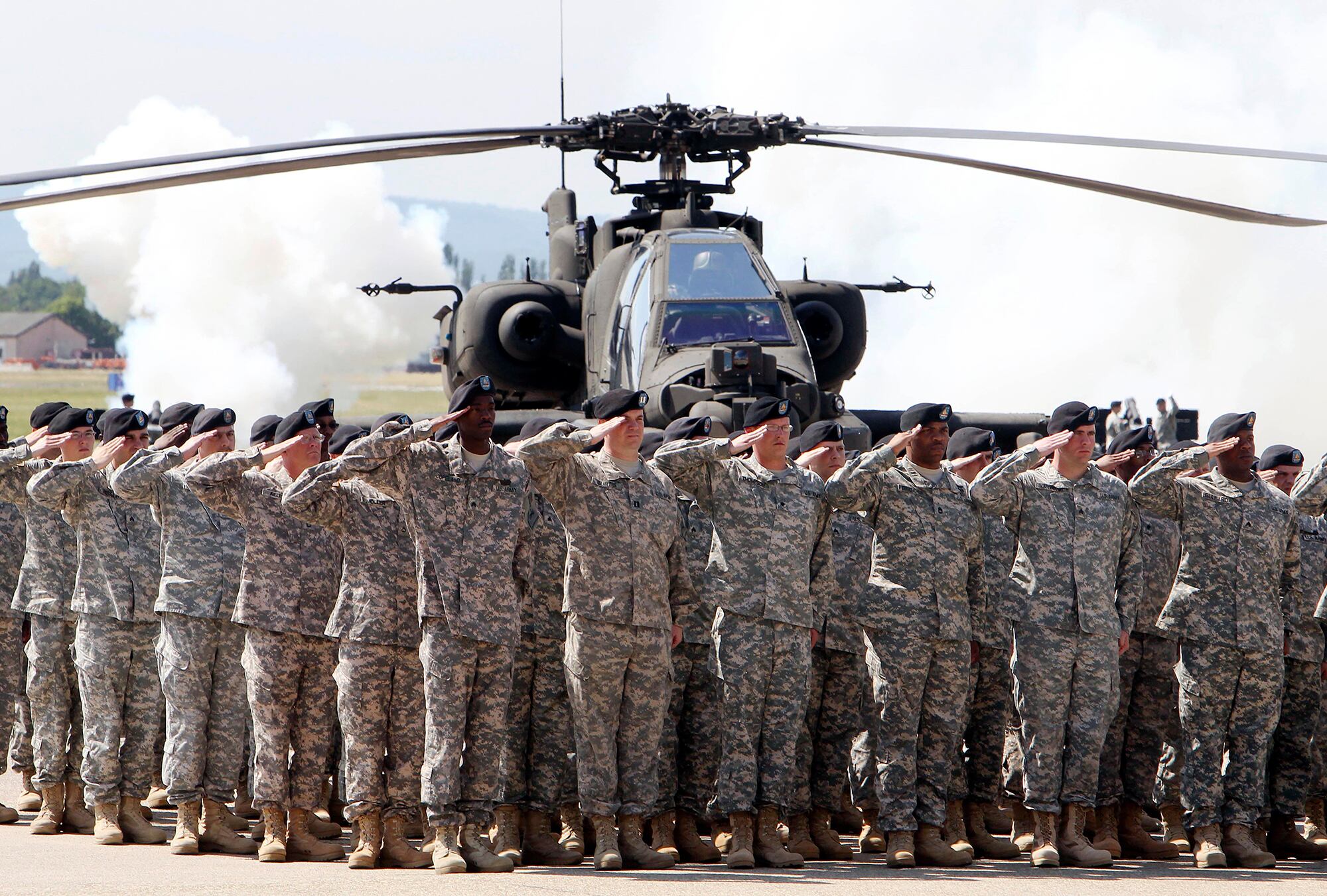 In this May 13, 2011, file photo, soldiers of 1AD attend a color casing ceremony of the First Armored Division at the U.S. Army Airfield in Wiesbaden, Germany.