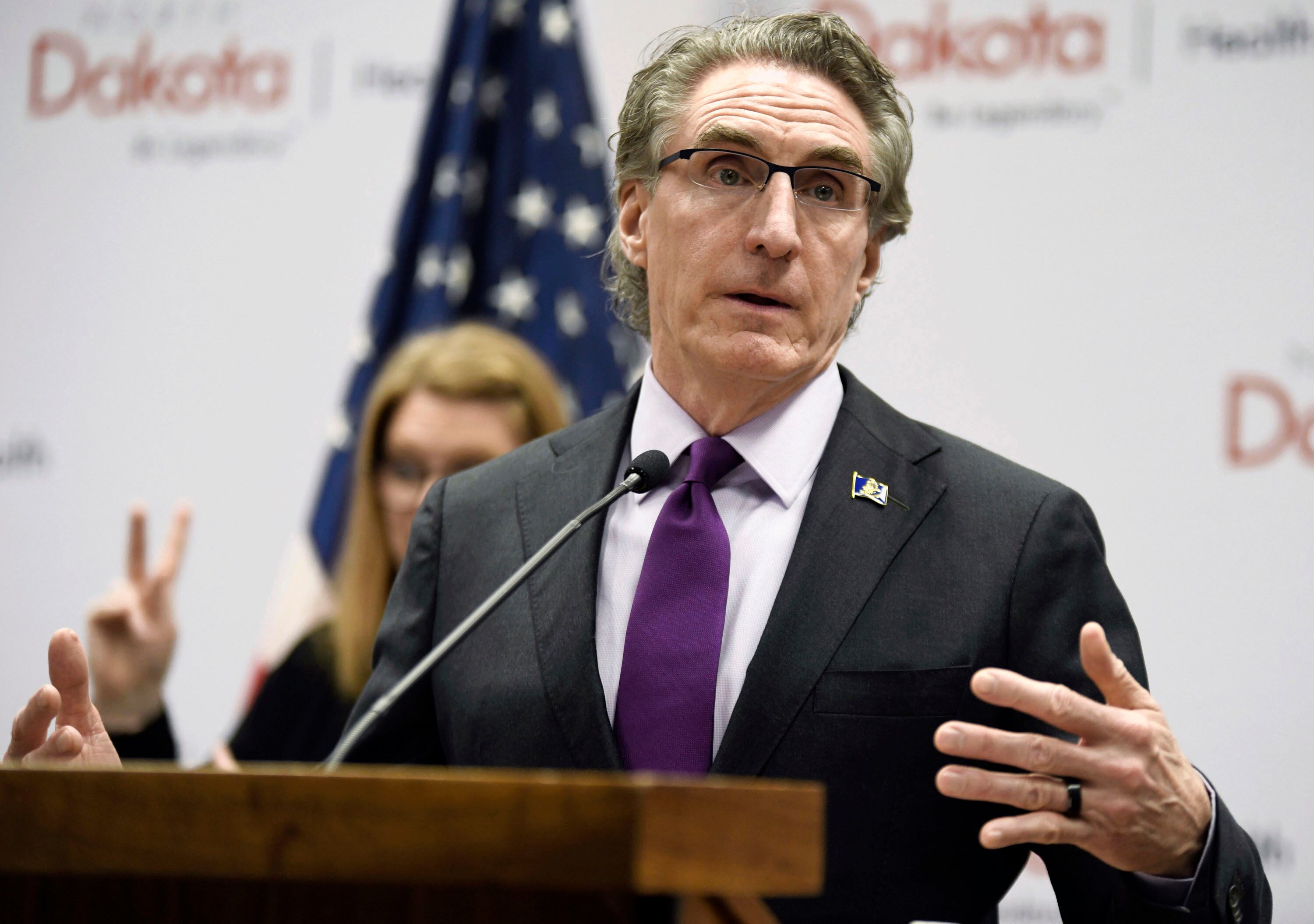 In this April 10, 2020, file photo, North Dakota Gov. Doug Burgum speaks at the state Capitol in Bismarck, N.D.