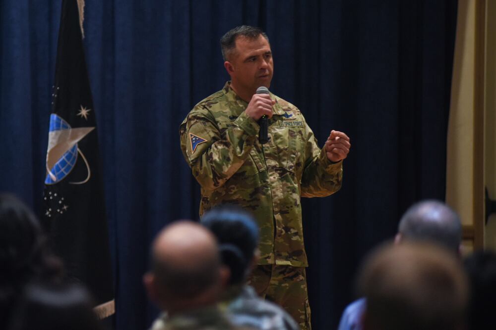 Col. Anthony Mastalir, Space Launch Delta 30 commander, provides information on the U.S. Space Force and changes in the SLD 30 structure during a commander’s all call May 25, 2021, at Vandenberg Space Force Base, Calif. (Michael Peterson/Space Force)