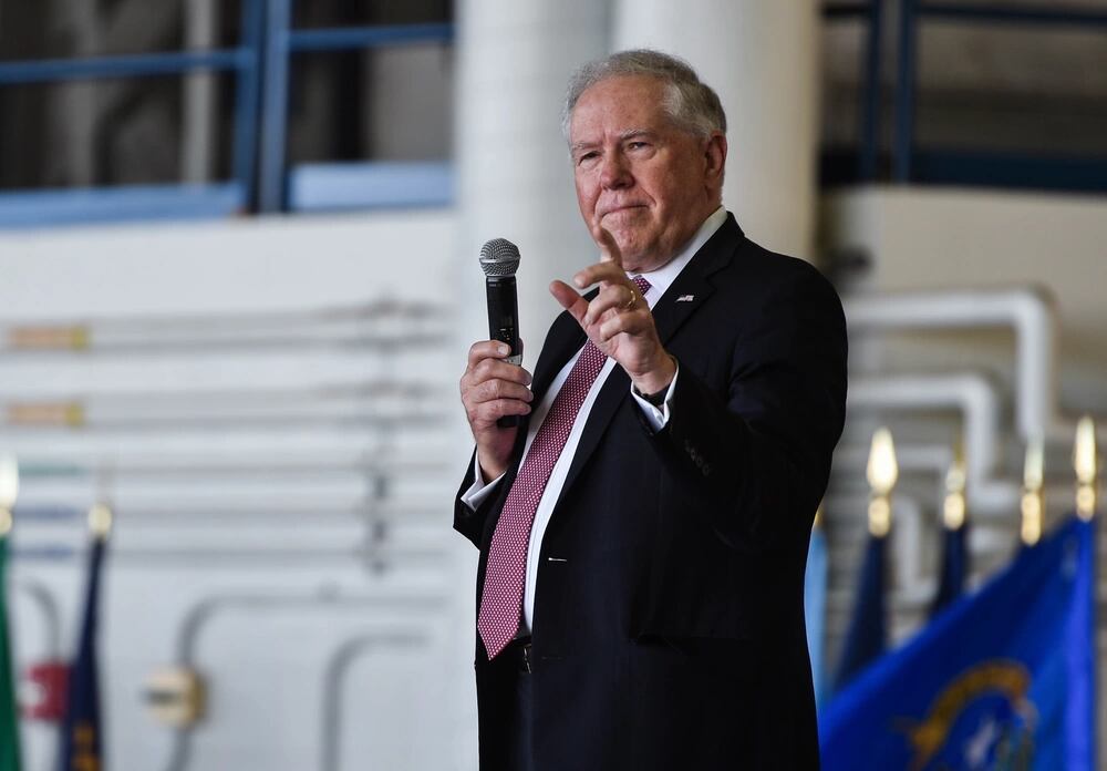 Secretary of the Air Force Frank Kendall shares his vision with airmen during a town hall at Joint Base Pearl Harbor-Hickam, Hawaii, August 17, 2021. Kendall visited the base to meet airmen and guardians and discuss activities aimed at enhancing interoperability with allies and partners to ensure peace and stability throughout the Indo-Pacific. (Senior Airman Alan Ricker/Air Force)