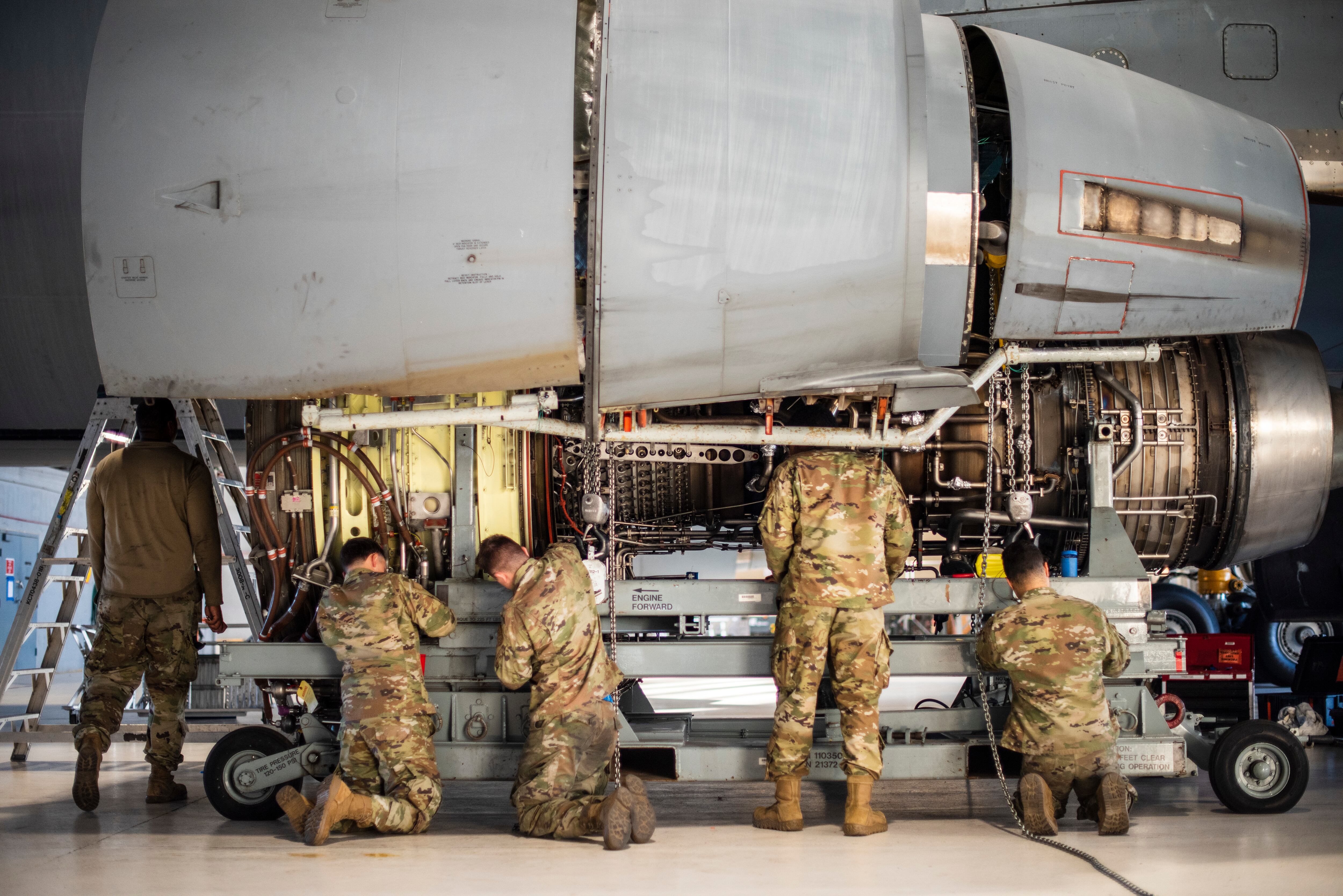 Airmen assigned to the 660th Aircraft Maintenance Squadron swap an engine on a KC-10 Extender at Travis Air Force Base, Calif., Oct. 25, 2022. The 660th AMXS maintains, repairs and advances Travis AFB’s fleet of KC-10s. (Nicholas Pilch/Air Force)