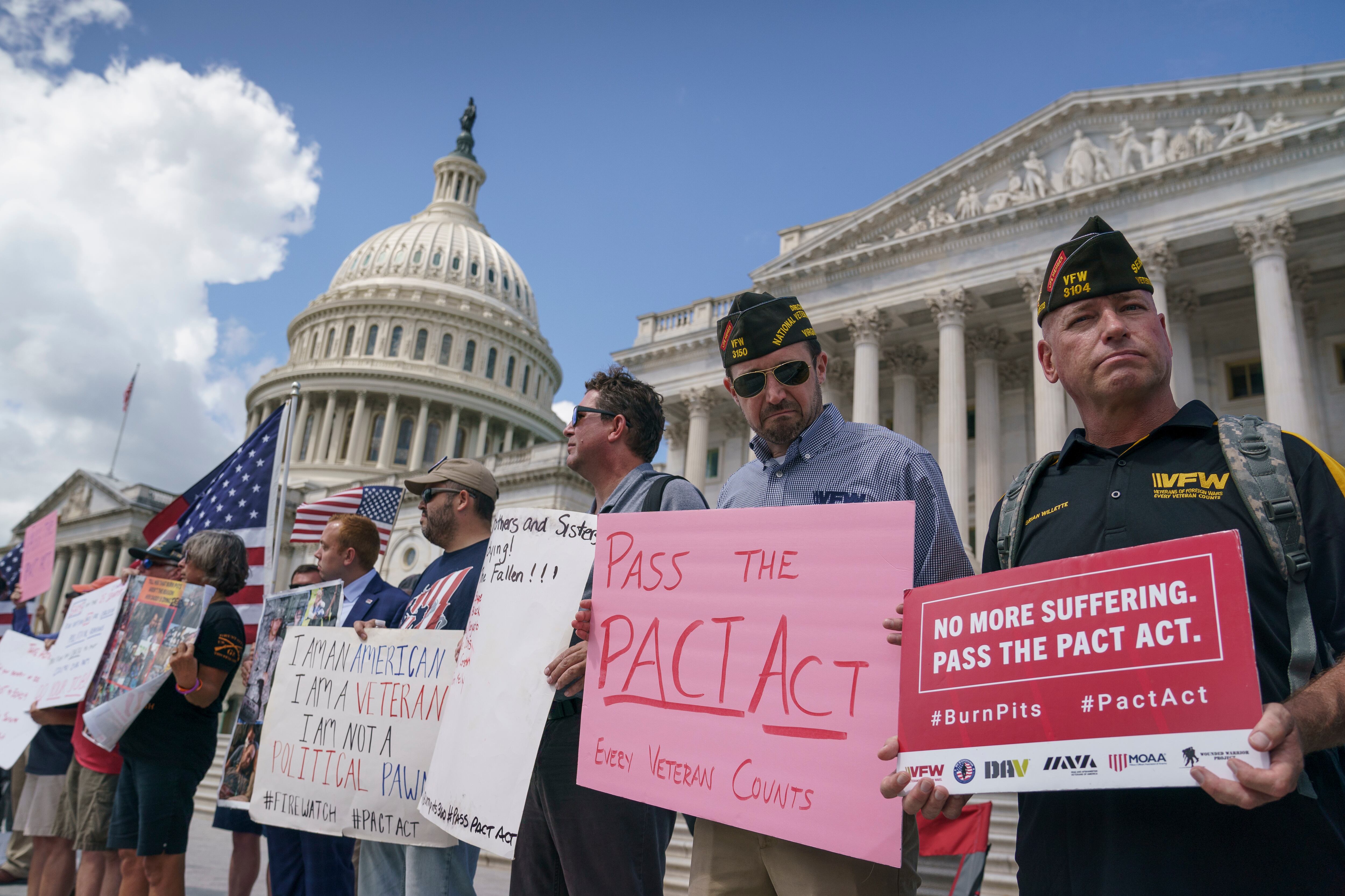 Veterans, military family members and advocates call for Senate Republicans to change their votes on a bill designed to help millions of veterans exposed to toxic substances during their military service, on the steps of the Capitol in Washington, Aug. 1, 2022.