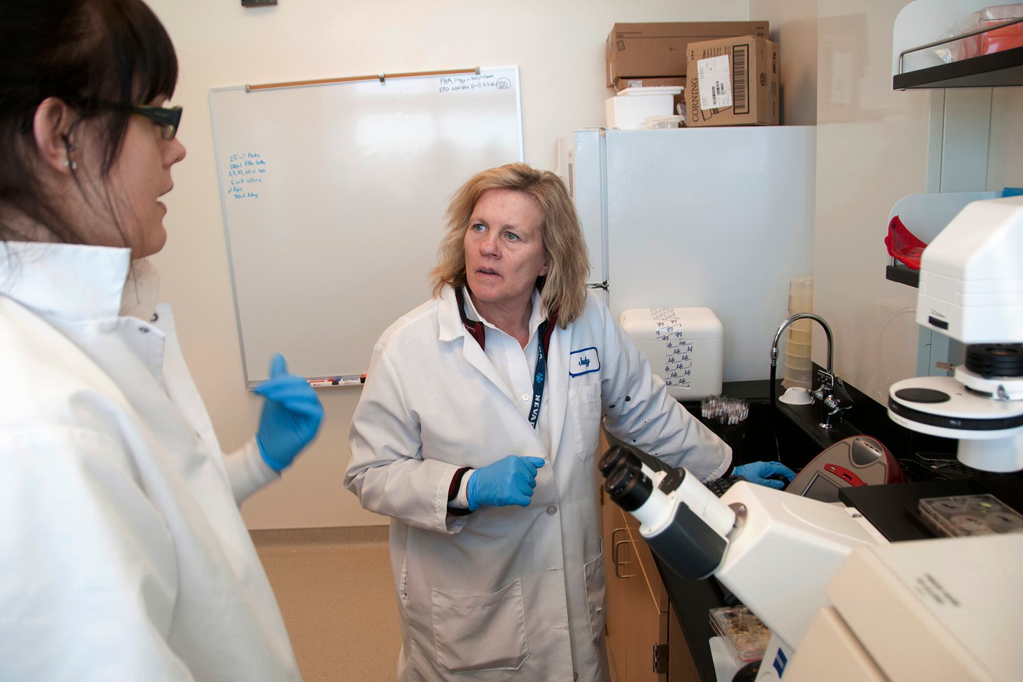 In this Feb. 28, 2011, file photo, director of research Judy Mikovits talks to a graduate student and research associate in the lab, at the Whittemore Peterson Institute for Neuro-Immune Disease, in Reno, Nev.