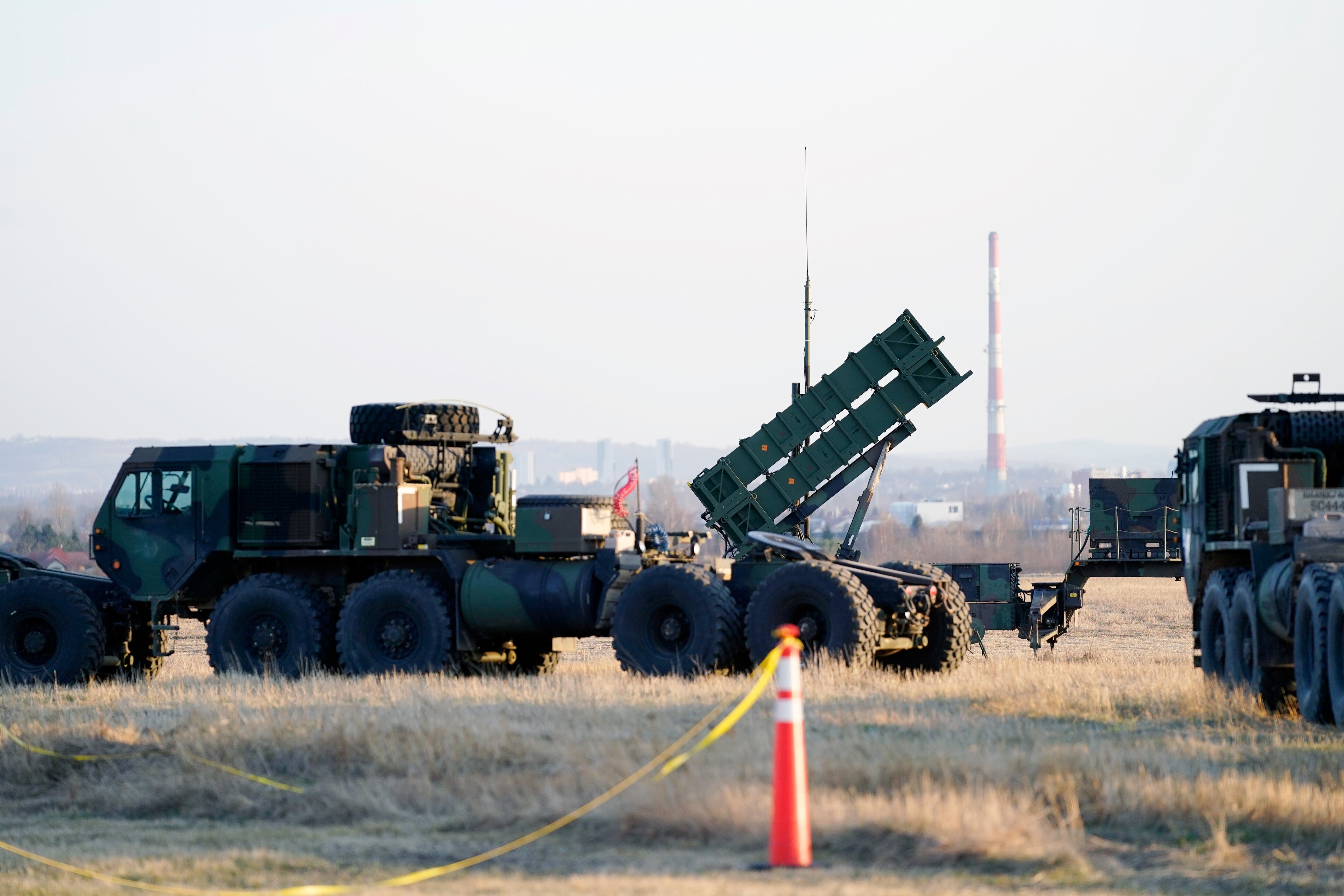 Patriot missles are seen at the Rzeszow-Jasionka Airport, March 25, 2022, in Jasionka, Poland, as President Joe Biden arrives to board Air Force One enroute to Warsaw, Poland.