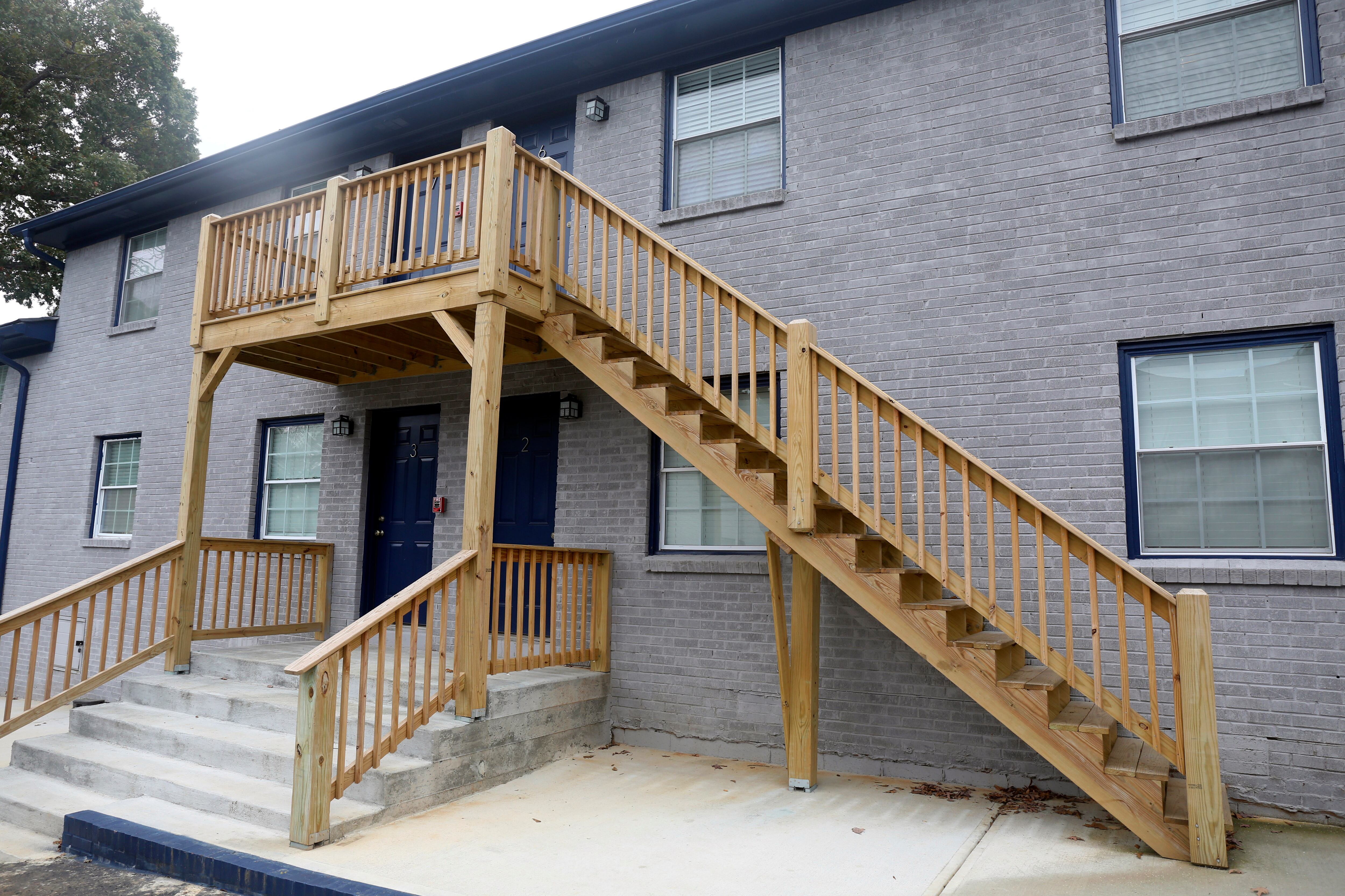 This photo shows one of the the Veterans Empowerment Organization apartment buildings that offer permanent housing for 41 veterans, Tuesday, Oct. 31, 2023 in Atlanta.