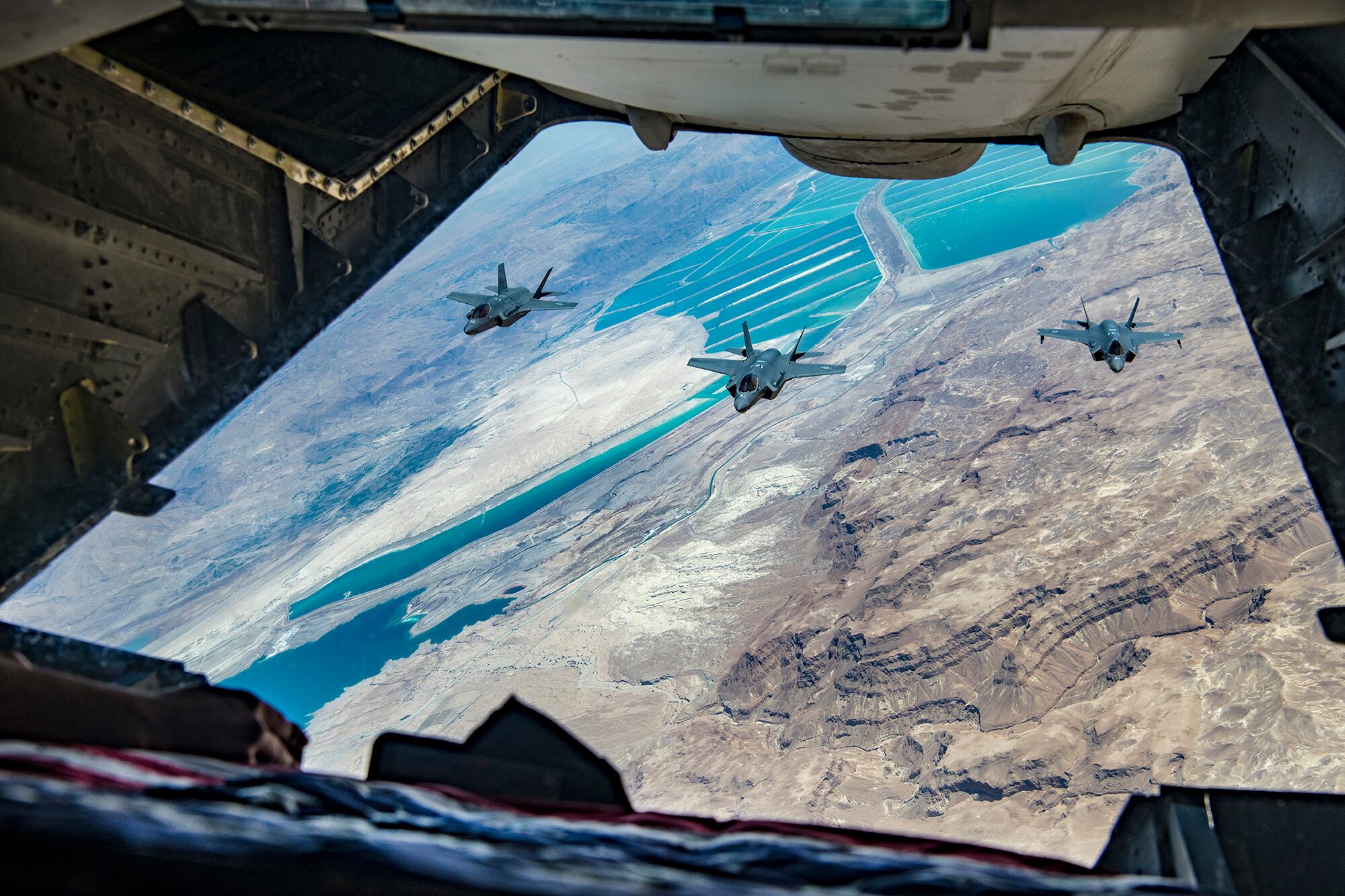 U.S. Air Force F-35A Lightning II and Israeli air force F-35I Lightning II aircraft approach a U.S. Air Force KC-10 Extender to refuel during exercise Enduring Lightning II over southern Israel Aug. 2, 2020.