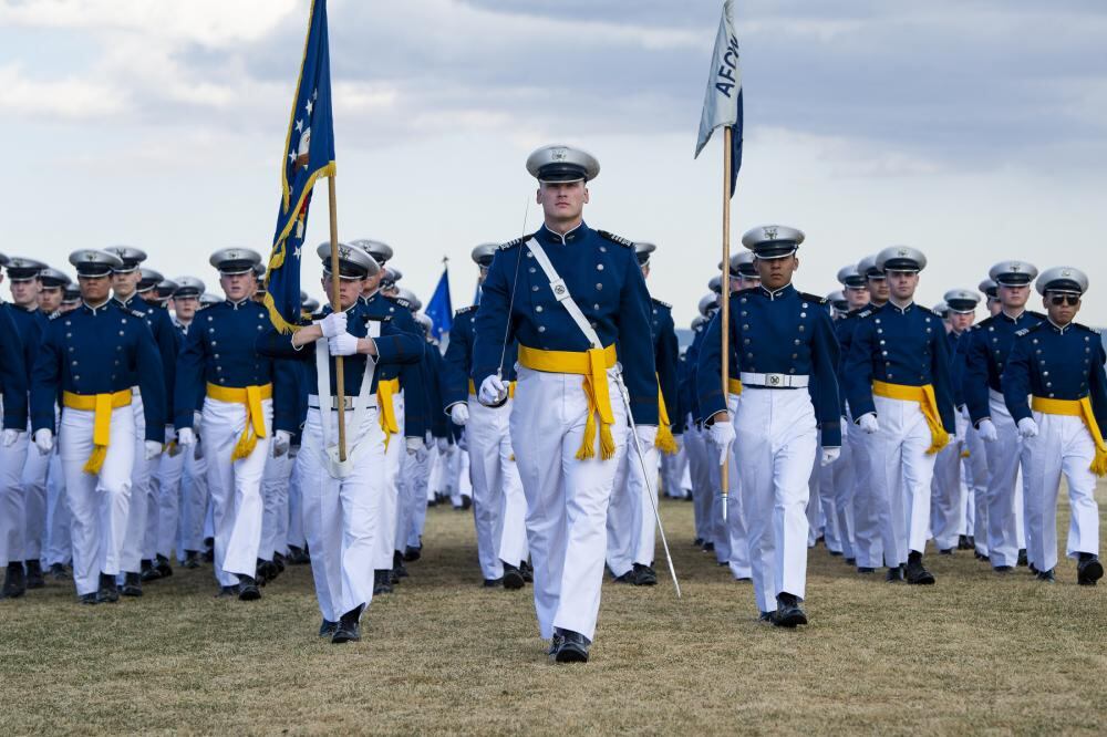 U.S. Air Force Academy cadets march in formation during the pass and review portion of the Founder’s Day Parade at Stillman Field in Colorado Spring, Colo., April 1, 2022. (Joshua Armstrong/Air Force)