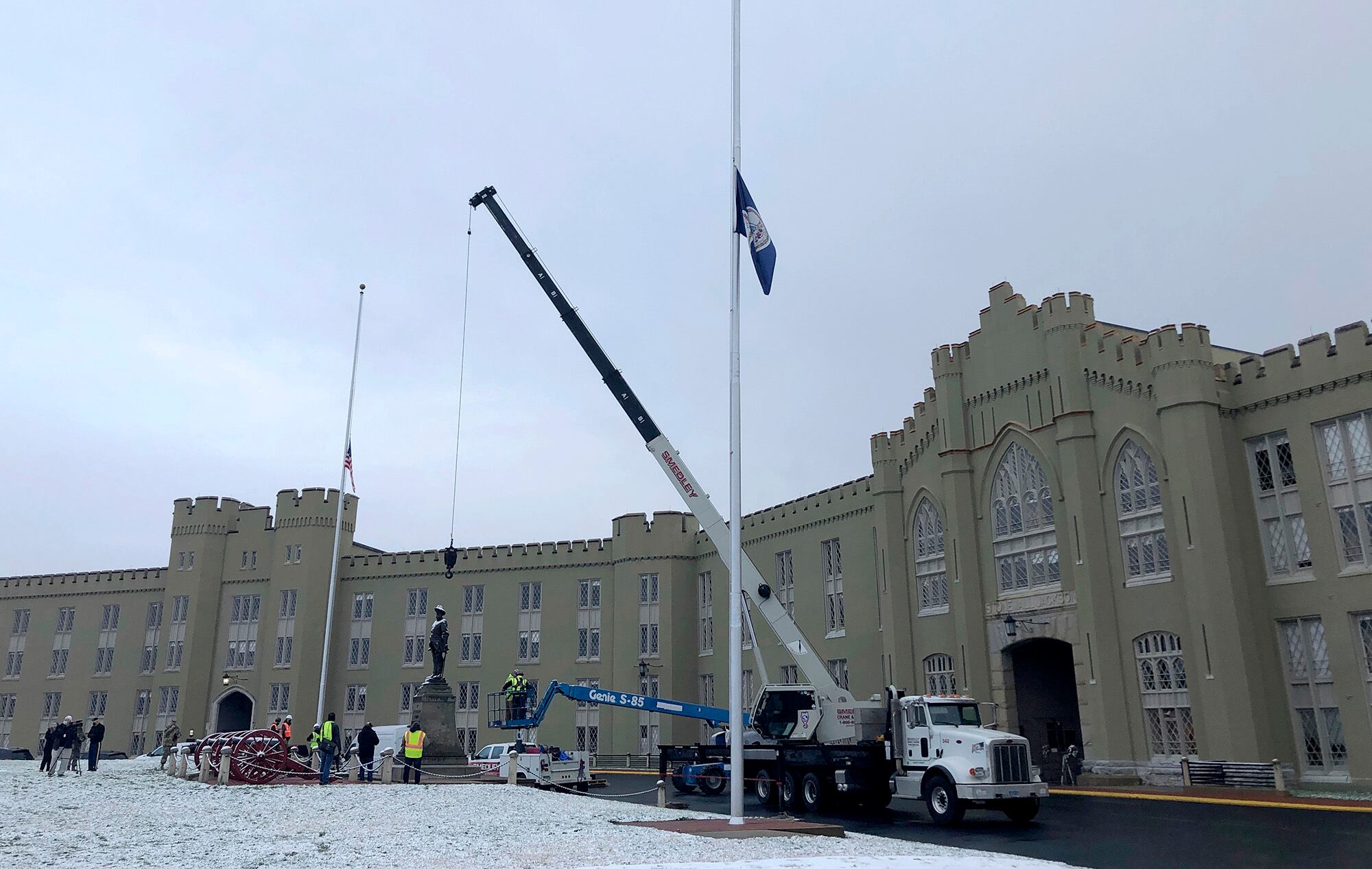 Crews prepare to remove a statue of Confederate Gen. Thomas "Stonewall" Jackson from the campus of the Virginia Military Institute on Monday, Dec. 7, 2020, in Lexington, Va.