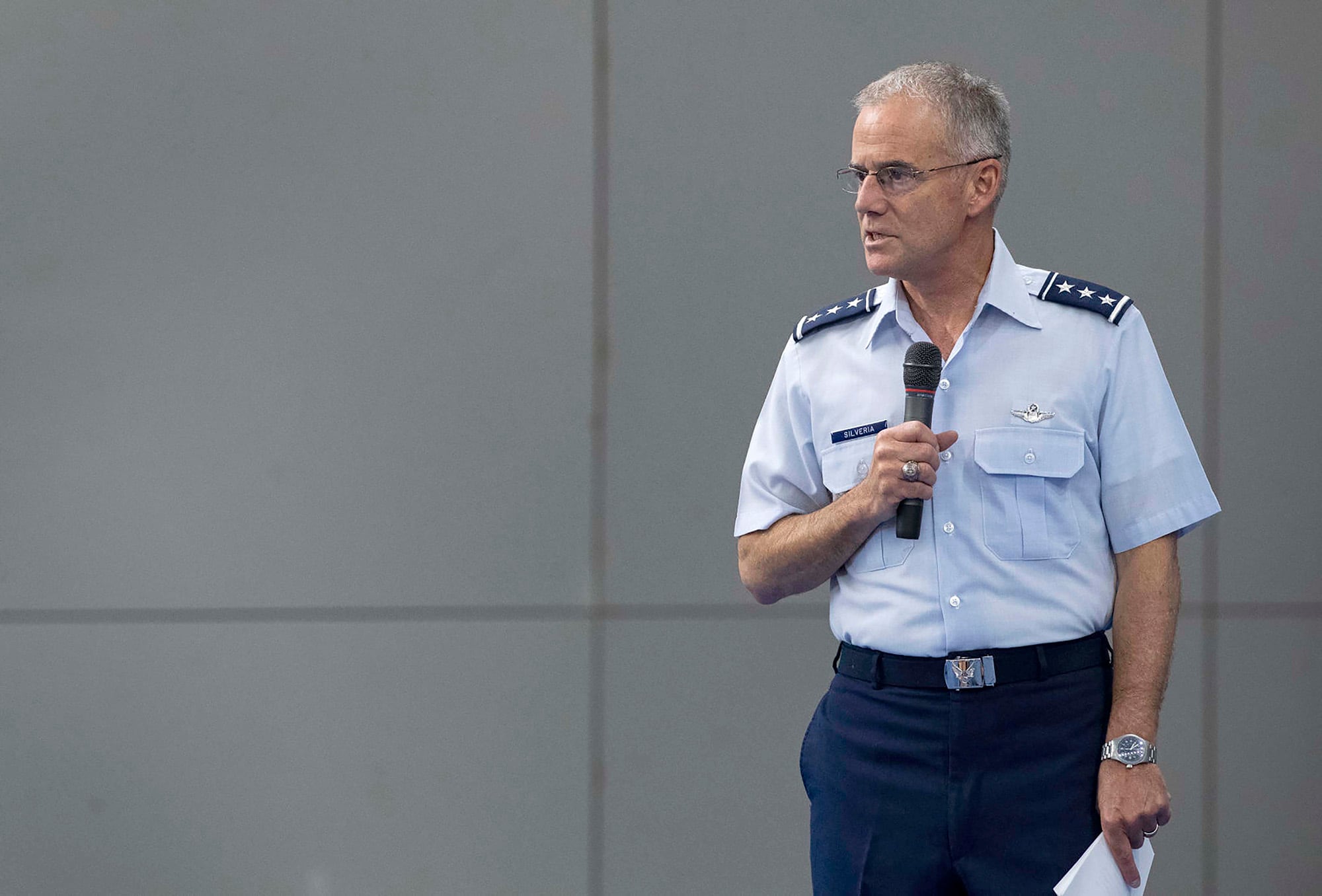 Superintendent Lt. Gen. Jay B. Silveria speaks to a group of incoming cadets before they were sworn in June 25, 2020, during In-Processing Day at the U.S. Air Force Academy in Colorado Springs, Colo.