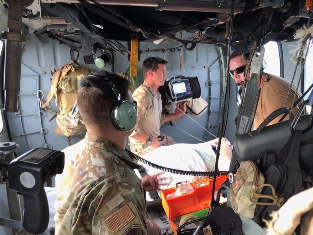 Airmen from the 38th Rescue Squadron transport a patient during the HH-60W Jolly Green II’s first official rescue mission in Tampa, Florida, Sept. 7, 2022. The HH-60W Jolly Green II was recently approved to conduct limited rescue operations on monthlong deployments overseas. (Senior Airman John Crampton/Air Force)