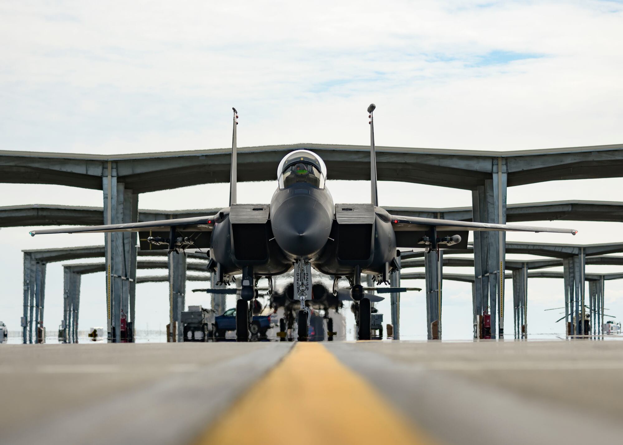 An F-15E Strike Eagle taxis before a flight, March 20, 2020, at Mountain Home Air Force Base, Idaho.
