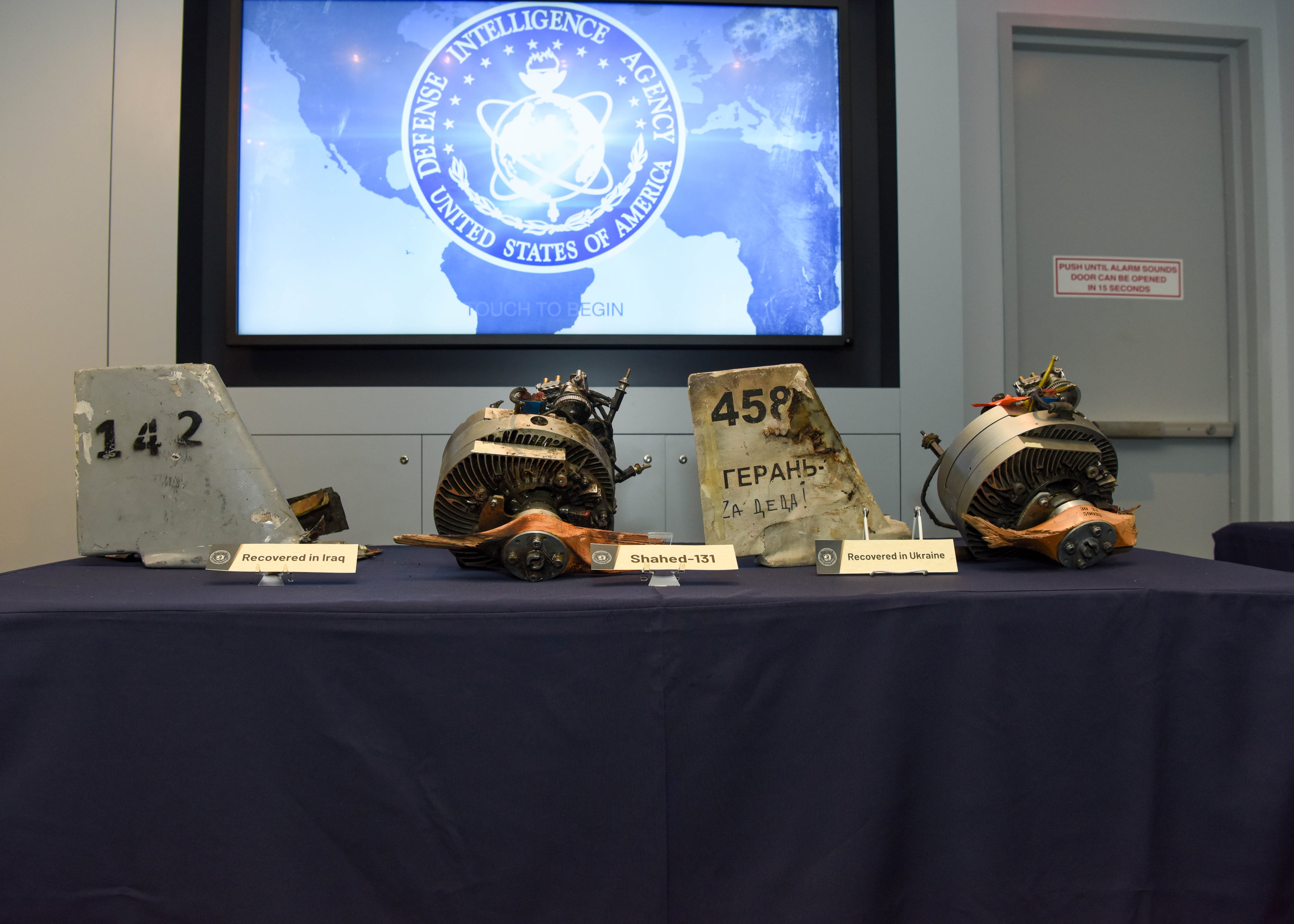 Damaged engines and other pieces of drones recovered from Iraq and Ukraine are seen here at the Defense Intelligence Agency headquarters in Washington, D.C., on Aug. 23, 2023.