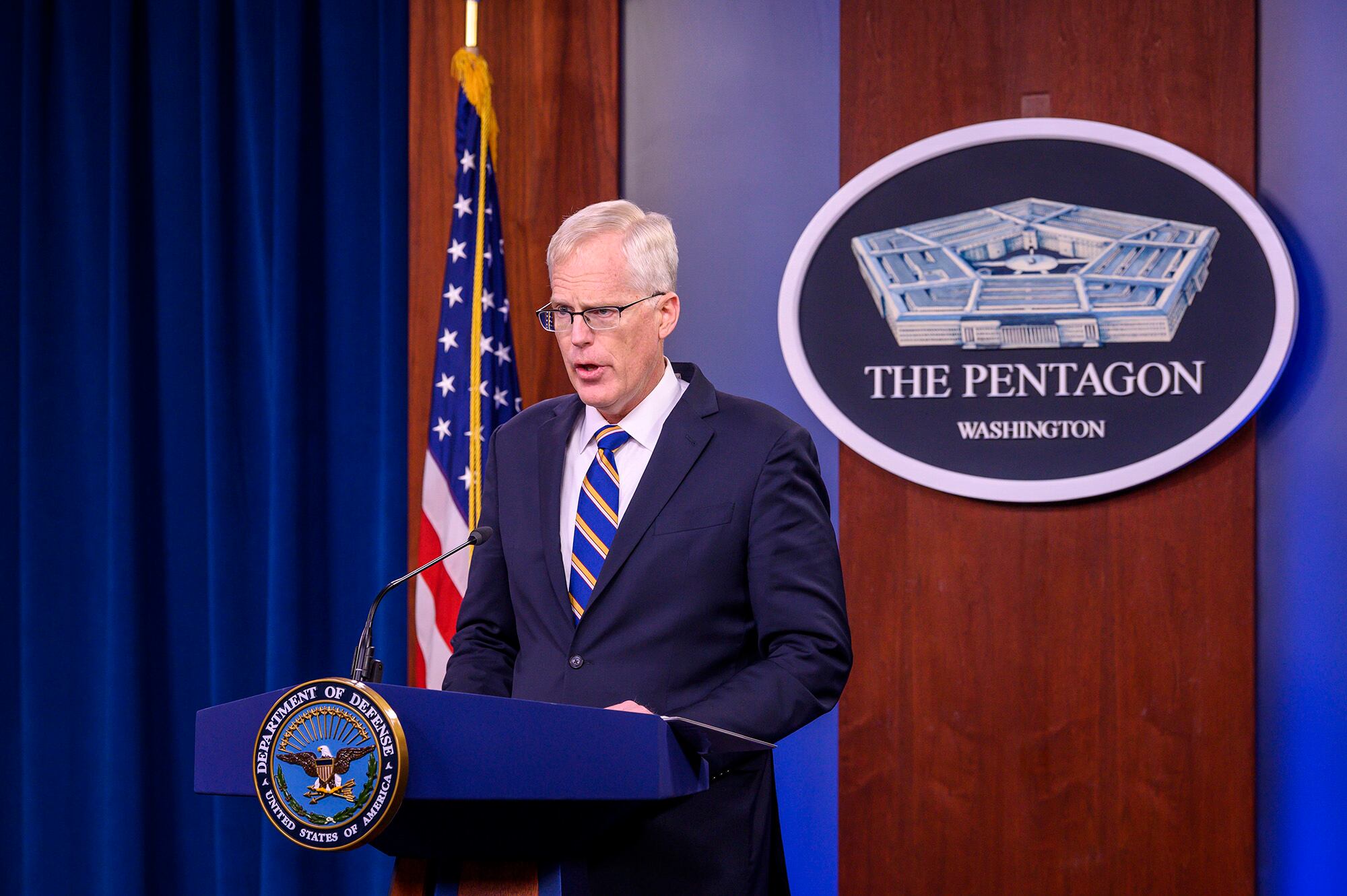 Acting Defense Secretary Christopher Miller briefs reporters from the Pentagon on Nov. 17, 2020. (Air Force Staff Sgt. Jack Sanders/DoD)