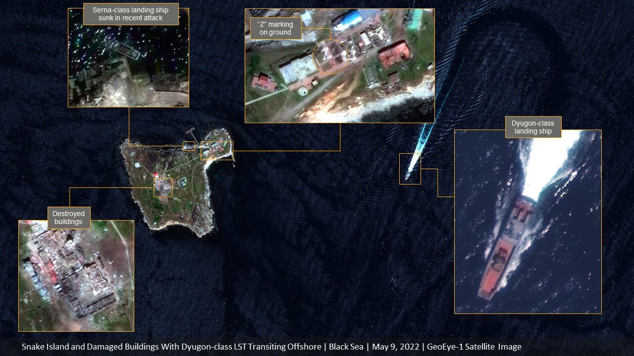 Satellite image shows damaged buildings on Snake Island in the Black Sea, May 9, 2022.