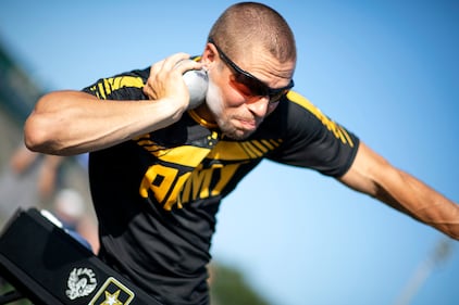 Army veteran Sgt. Jonathan Weasner, Team Army, prepares to launch a shot put during the 2019 DoD Warrior Games field events at the University of South Florida in Tampa, Fla.