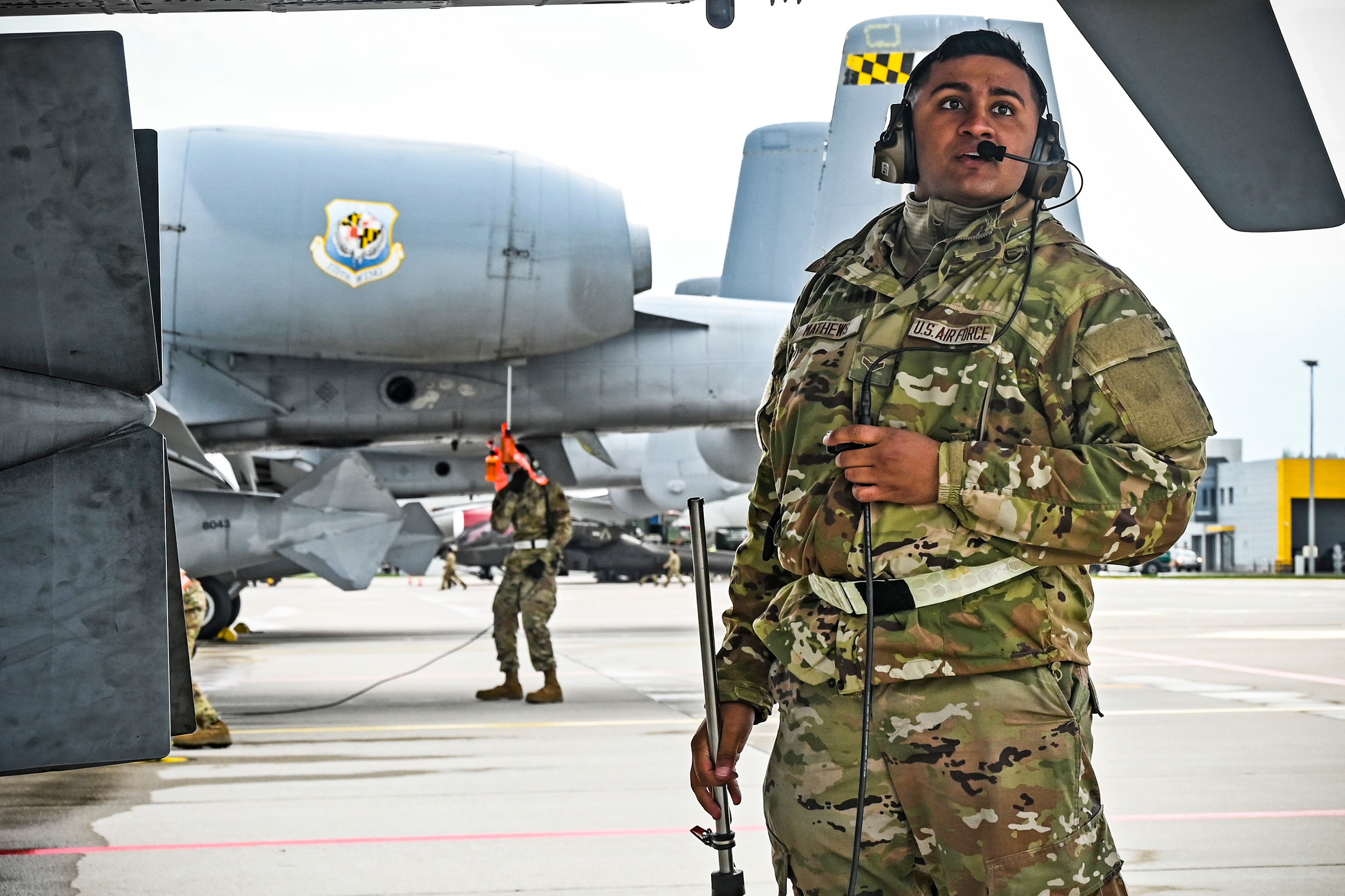 This photo provided on Monday, Jan. 13, 2020, shows Airman 1st Class Peter R. Mathews while serving as a crew chief assigned to the 175th Aircraft Maintenance Squadron in Maryland.