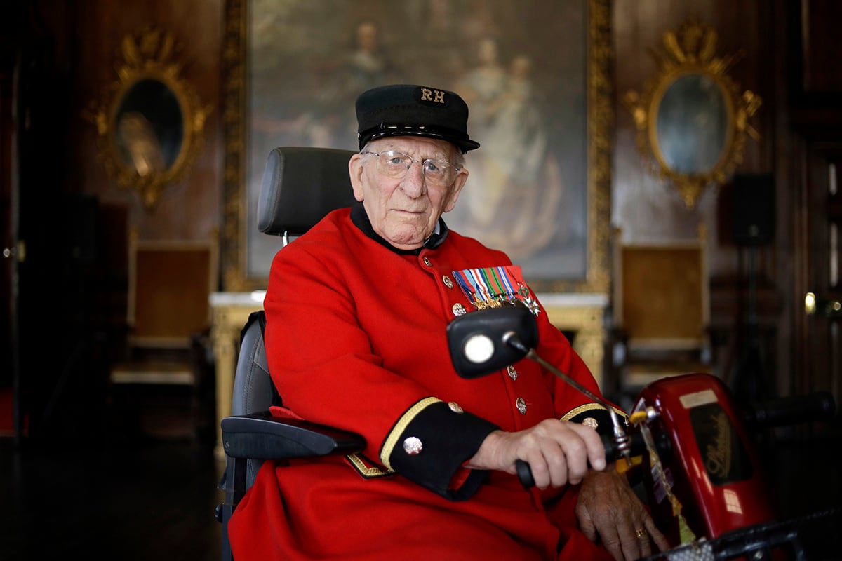 British D-Day veteran Frank Mouque poses for a portrait during a 75th anniversary D-Day event.