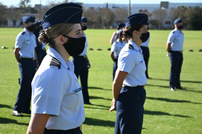 Florida State University cadets assigned to Air Force ROTC Detachment 145 listen to briefings from 33rd Fighter Wing members on campus in Tallahassee, Florida, March 11, 2021. The briefs focused on raising awareness for Air Force aviation careers. (Senior Airman Heather LeVeille/Air Force)