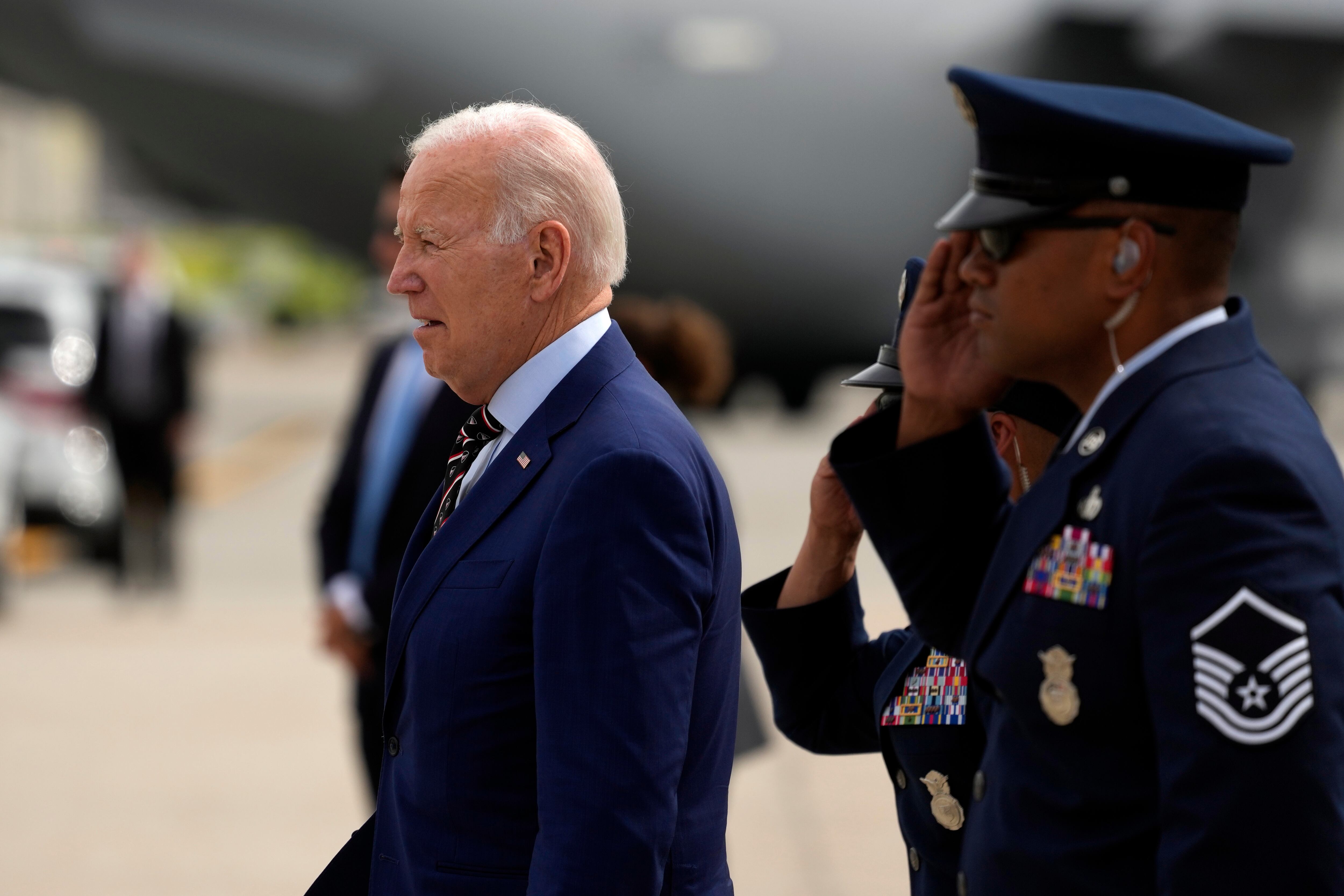 President Joe Biden arrives on Air Force One at Roland R. Wright International Guard Base, Wednesday, Aug. 9, 2023, in Salt Lake City.