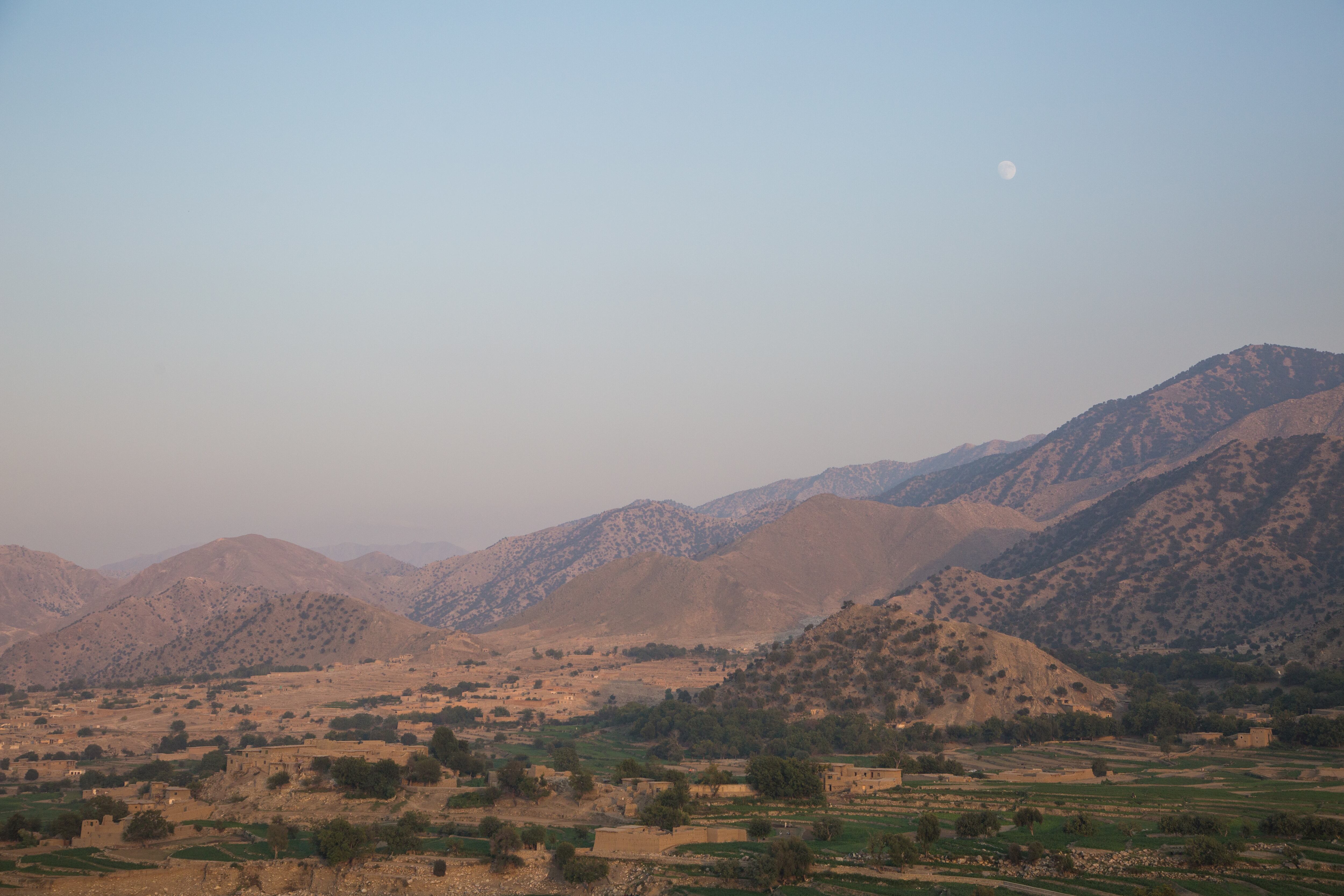 The moon rises over Pekha Valley, Achin District, Nangahar Province, Afghanistan, Sept. 3, 2017.