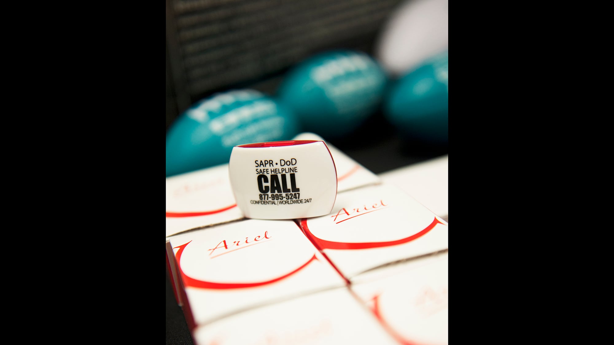 SAPR gifts are  displayed on a table outside the SHARP Summit, Jan. 11, 2016, at the Frontier Theater on Joint Base Elmendorf-Richardson, Alaska.